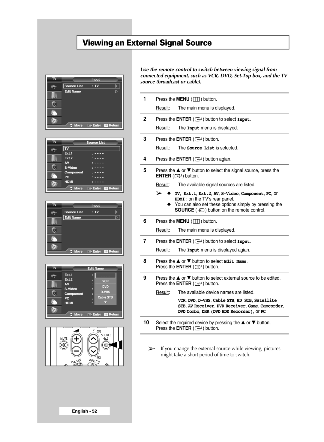 Samsung PS-42S5S manual Viewing an External Signal Source, TV, Ext.1, Ext.2, AV, S-Video, Component, PC, or 