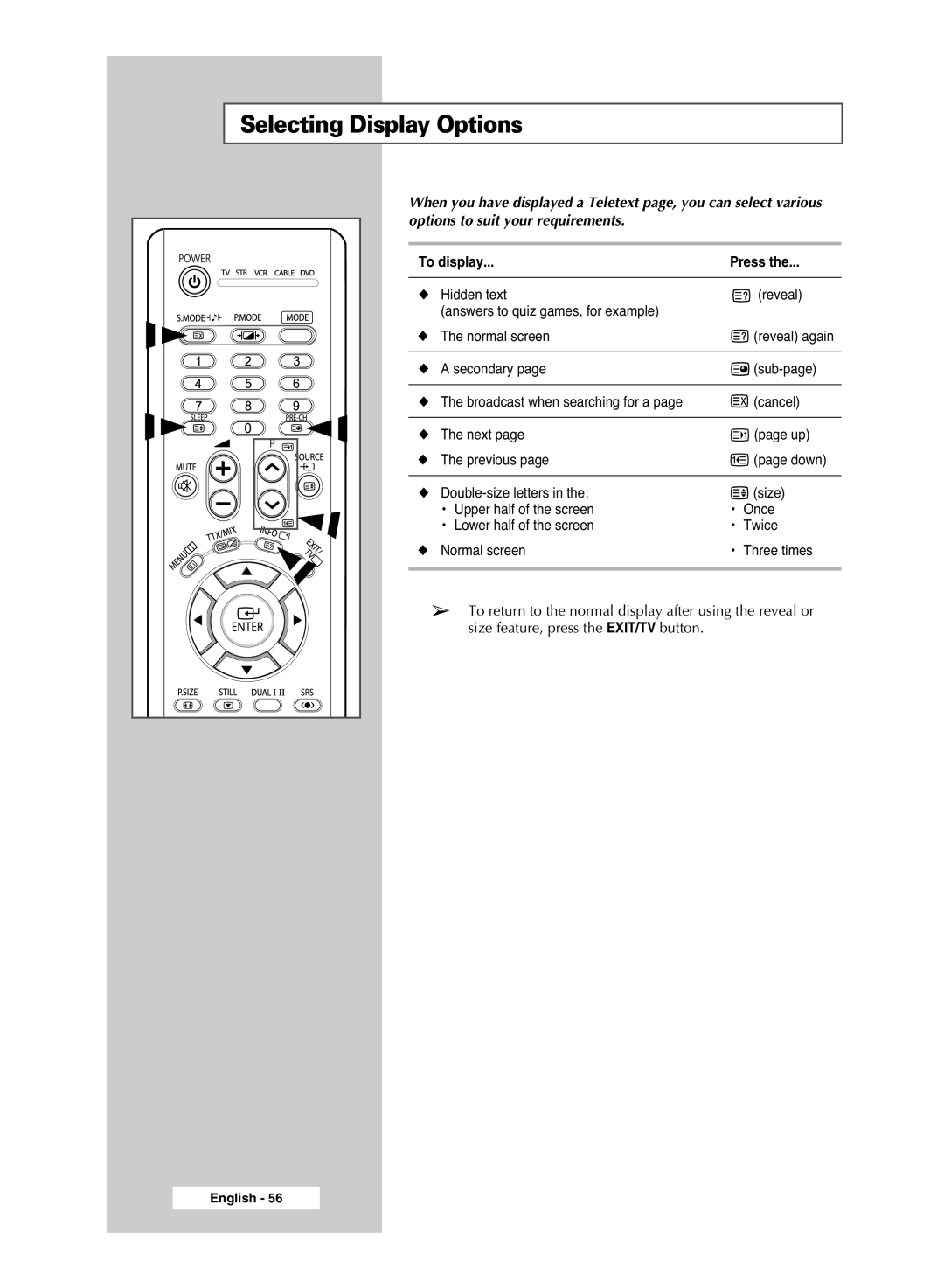 Samsung PS-42S5S manual Selecting Display Options, To display, Press the 
