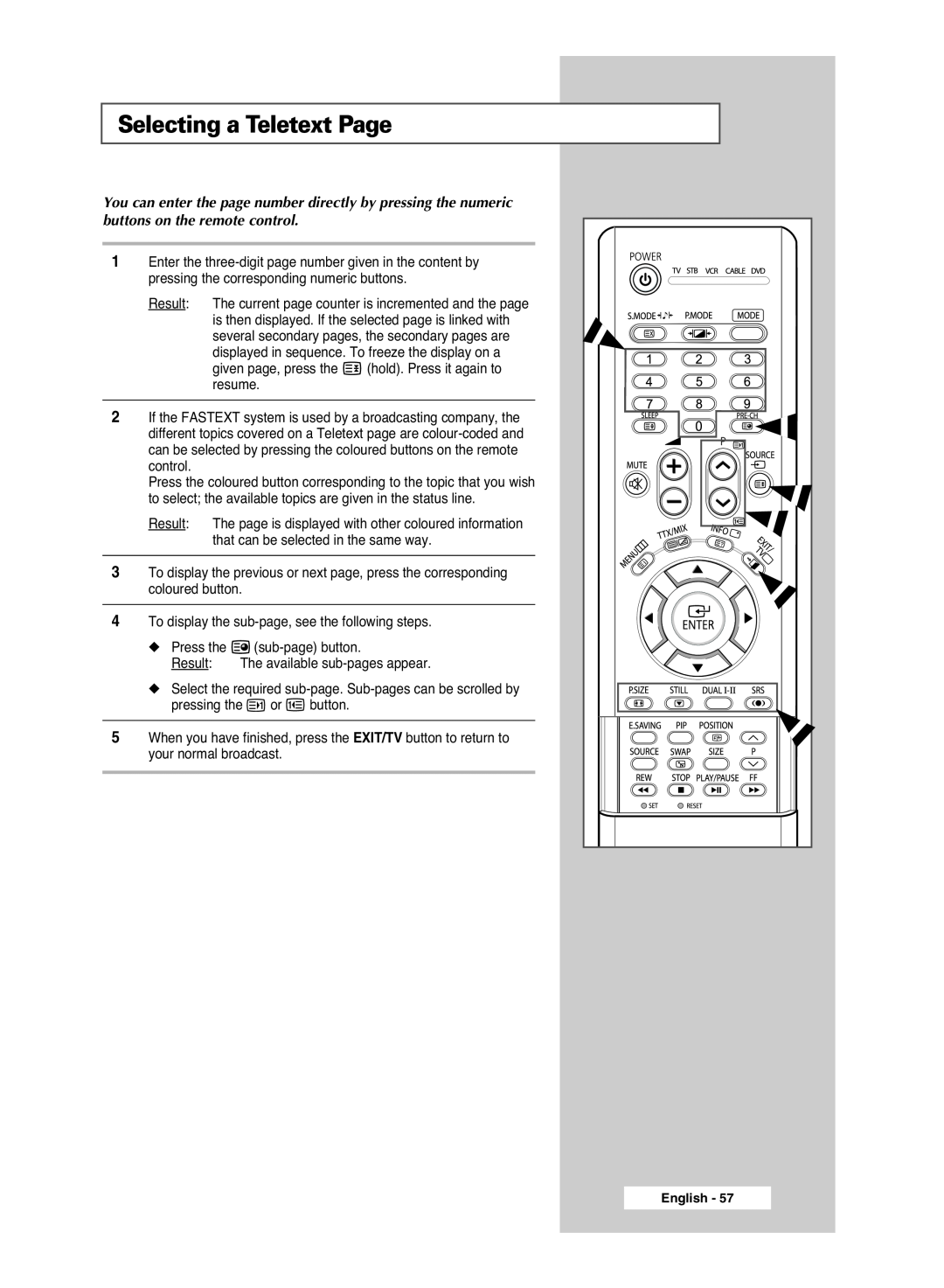 Samsung PS-42S5S manual Selecting a Teletext Page 