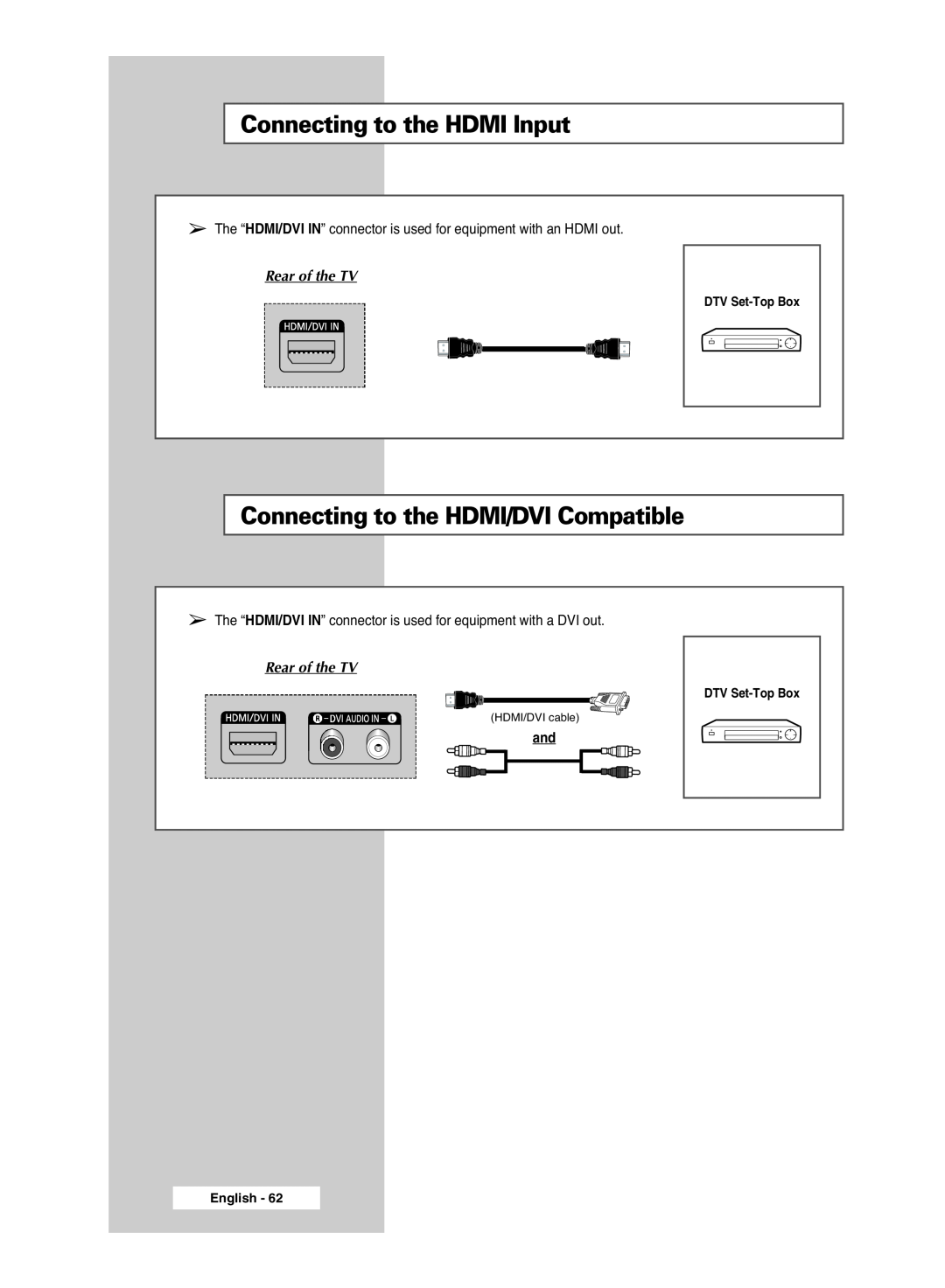 Samsung PS-42S5S manual Connecting to the HDMI Input, Connecting to the HDMI/DVI Compatible, Rear of the TV, HDMI/DVI cable 
