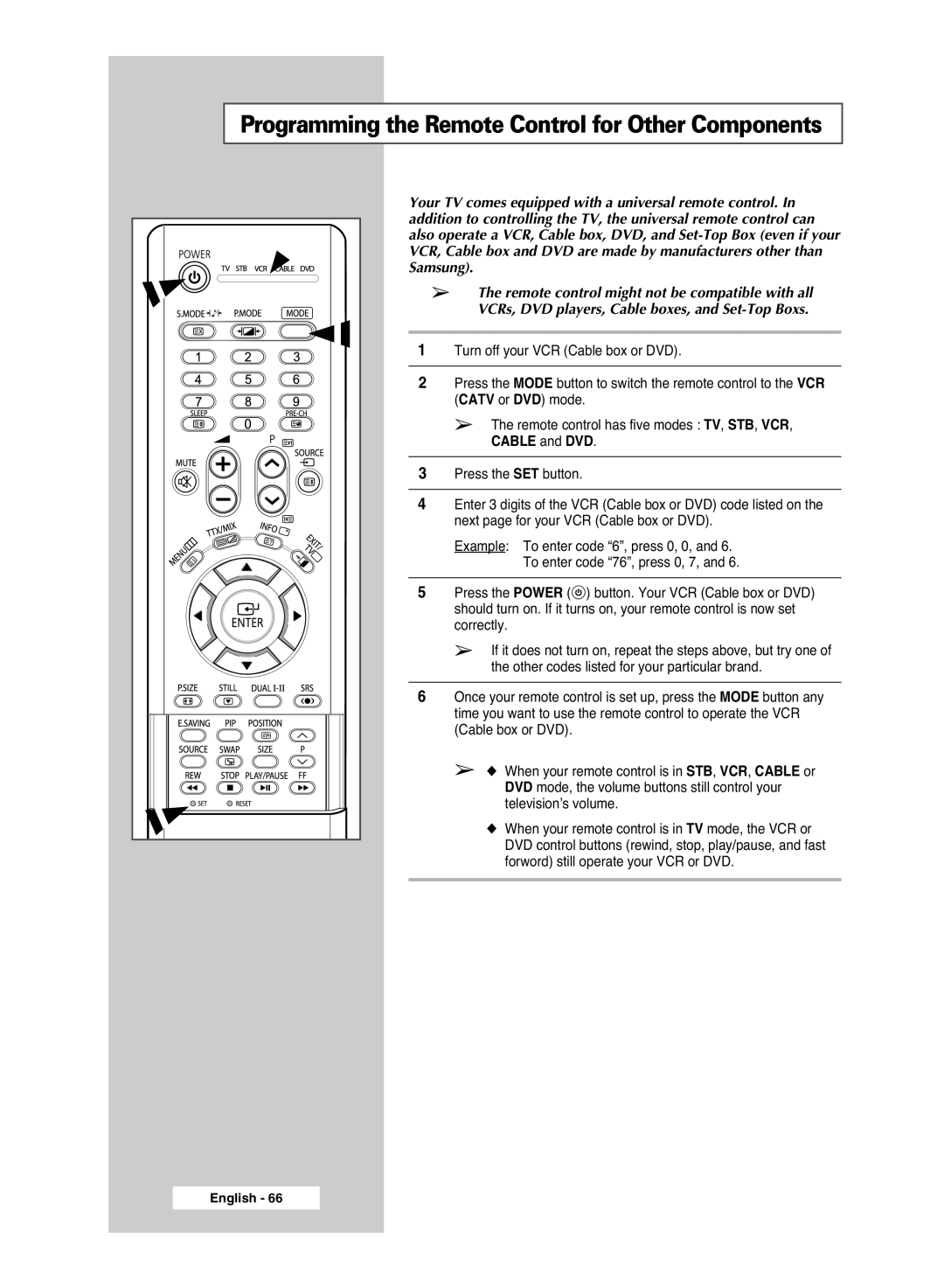 Samsung PS-42S5S manual Programming the Remote Control for Other Components, Samsung 