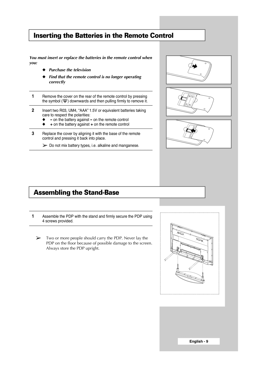 Samsung PS-42S5S manual Inserting the Batteries in the Remote Control, Assembling the Stand-Base, Purchase the television 