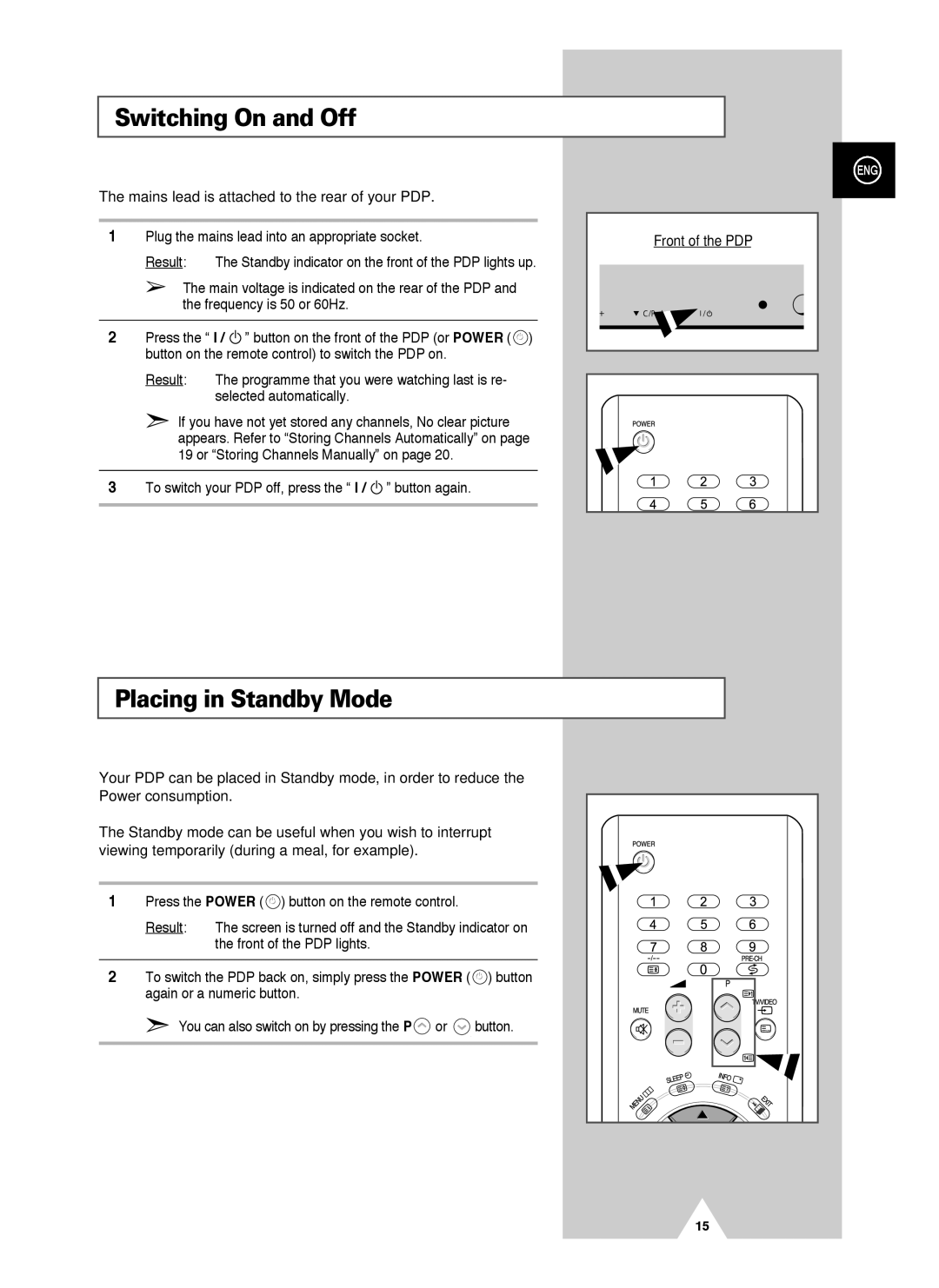 Samsung PS-42V4S manual Switching On and Off, Placing in Standby Mode, Mains lead is attached to the rear of your PDP 