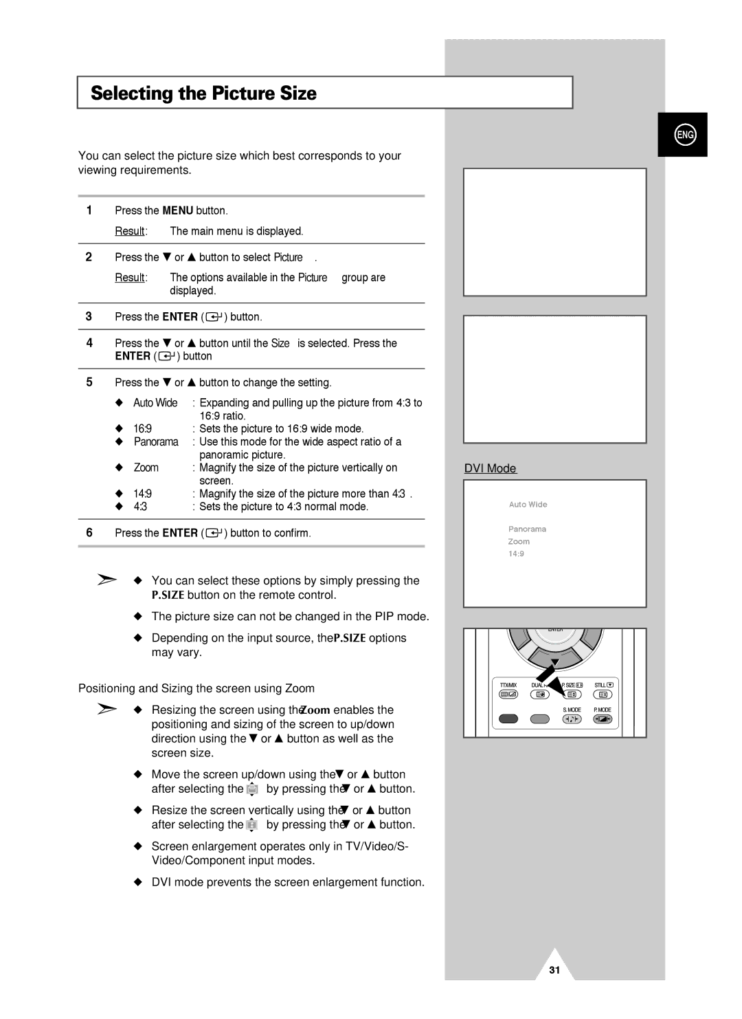 Samsung PS-42V4S manual Selecting the Picture Size, Positioning and Sizing the screen using Zoom 