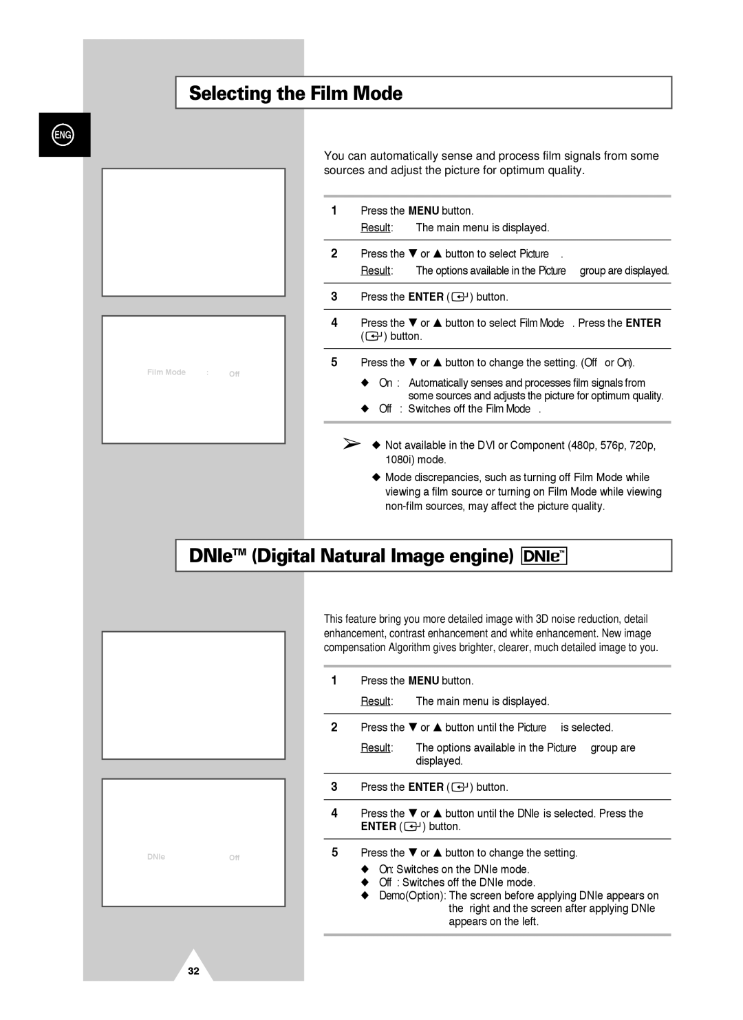 Samsung PS-42V4S manual Selecting the Film Mode, DNIeTM Digital Natural Image engine 