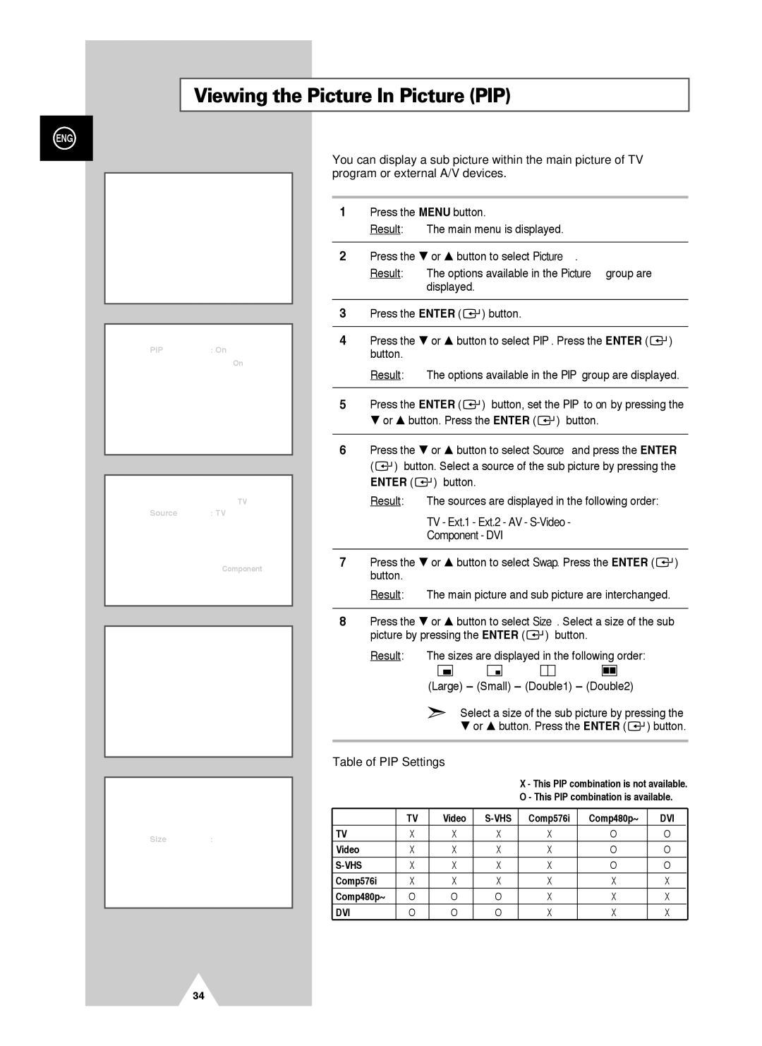 Samsung PS-42V4S manual Viewing the Picture In Picture PIP, TV Ext.1 Ext.2 AV S-Video Component DVI, Table of PIP Settings 