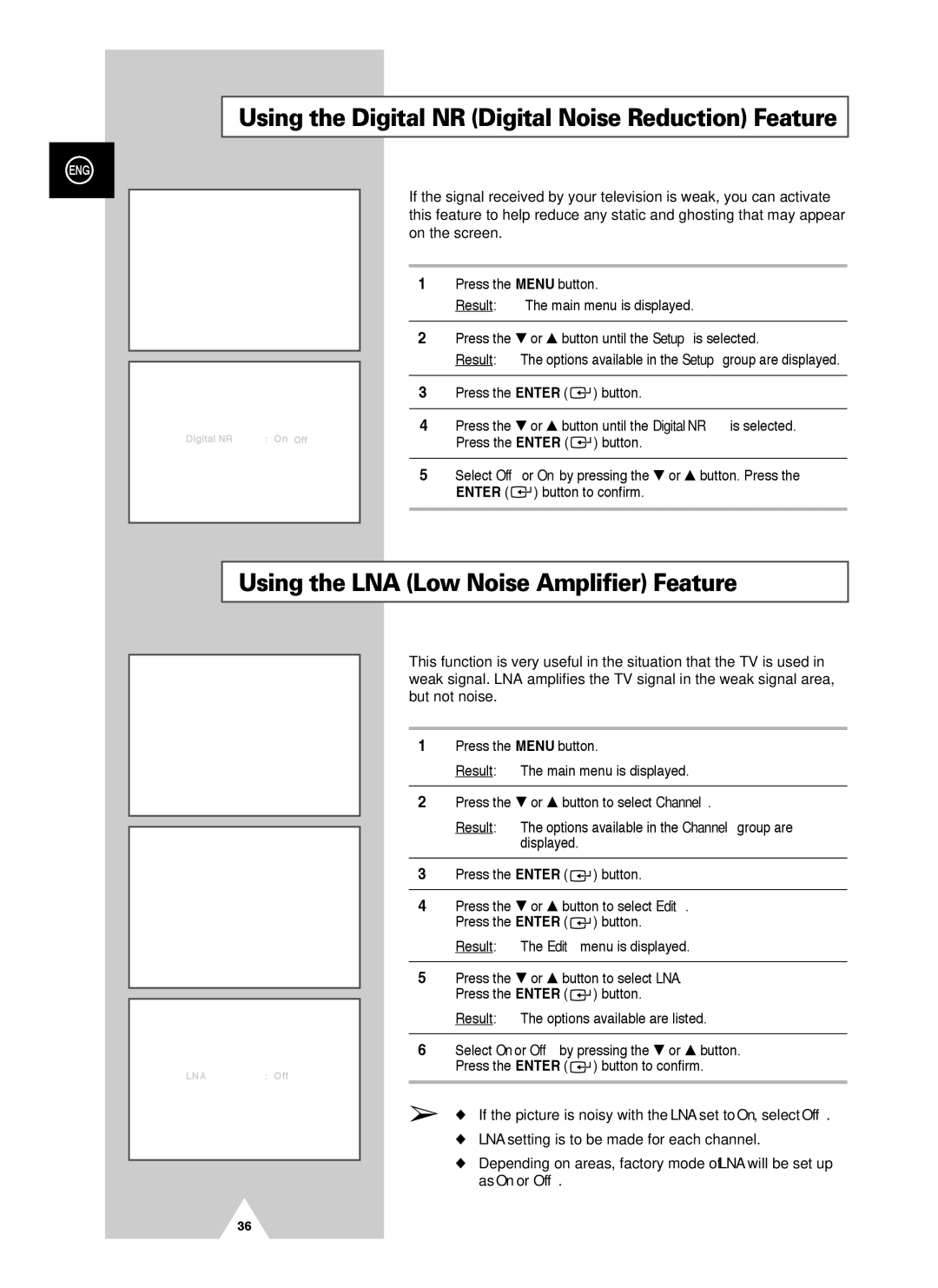 Samsung PS-42V4S manual Using the Digital NR Digital Noise Reduction Feature, Using the LNA Low Noise Amplifier Feature 