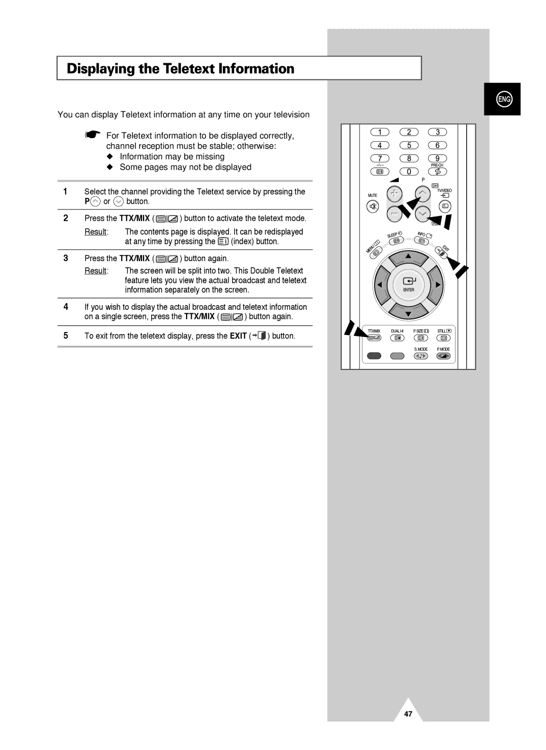 Samsung PS-42V4S manual Displaying the Teletext Information, Press the TTX/MIX button again 