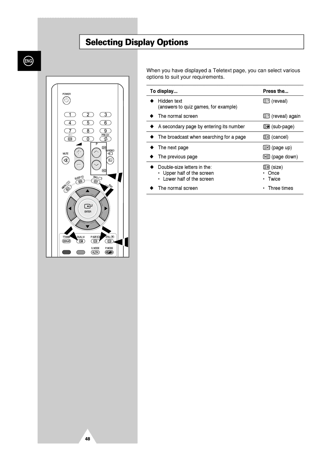 Samsung PS-42V4S manual Selecting Display Options, To display Press 