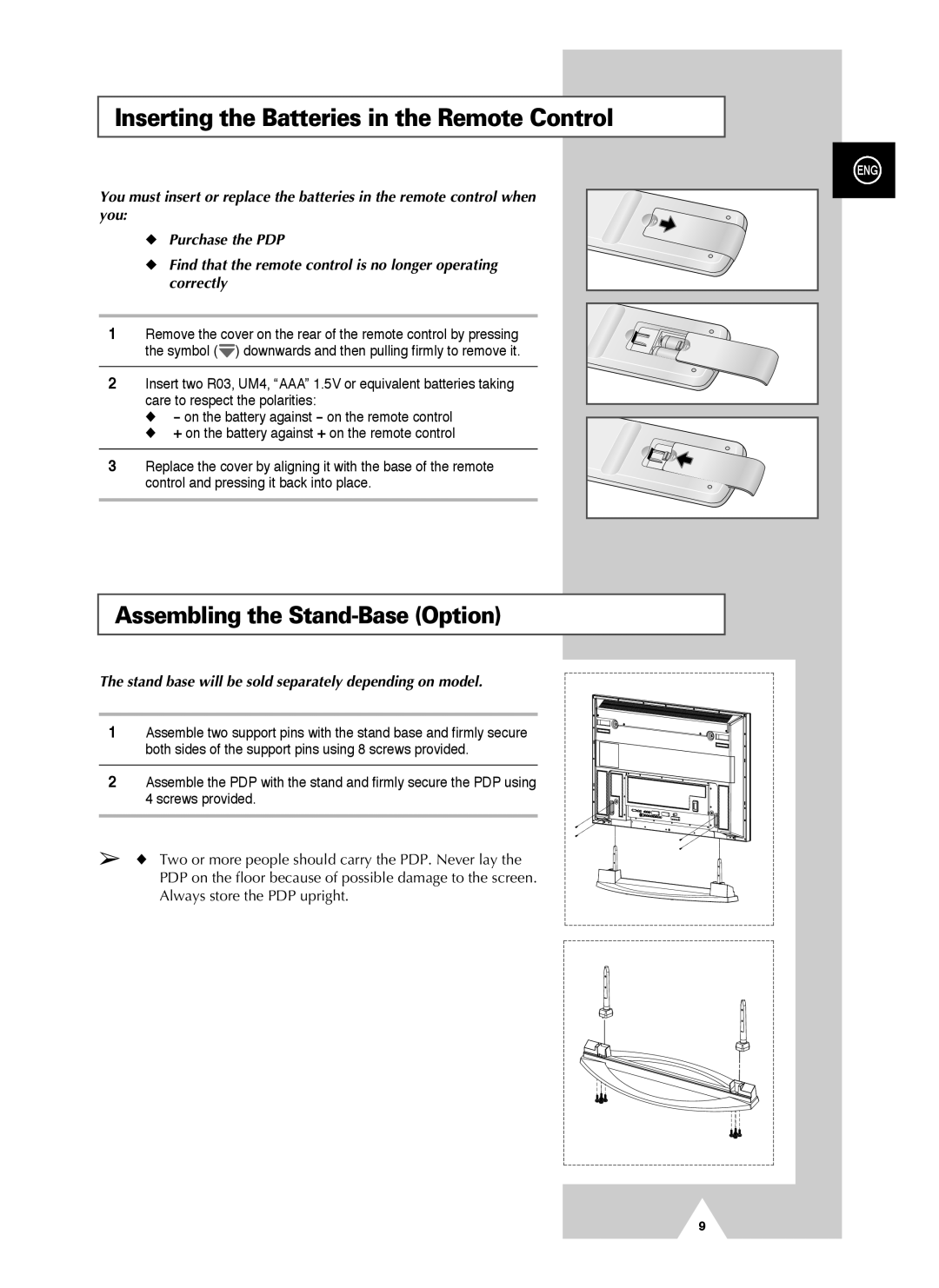 Samsung PS-42V4S Inserting the Batteries in the Remote Control, Stand base will be sold separately depending on model 