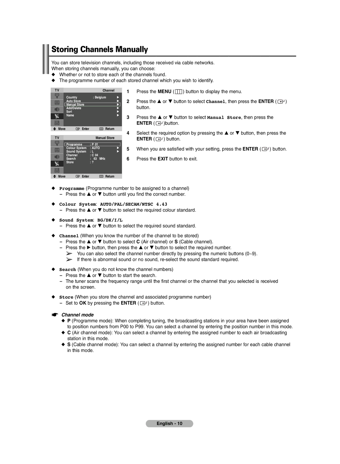 Samsung PS-42V6S manual Storing Channels Manually, Button, Press the … or † button to select Manual Store, then press 