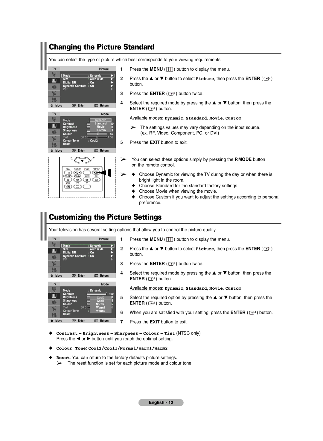 Samsung PS-42V6S manual Changing the Picture Standard, Customizing the Picture Settings, Press the Enter Button twice 