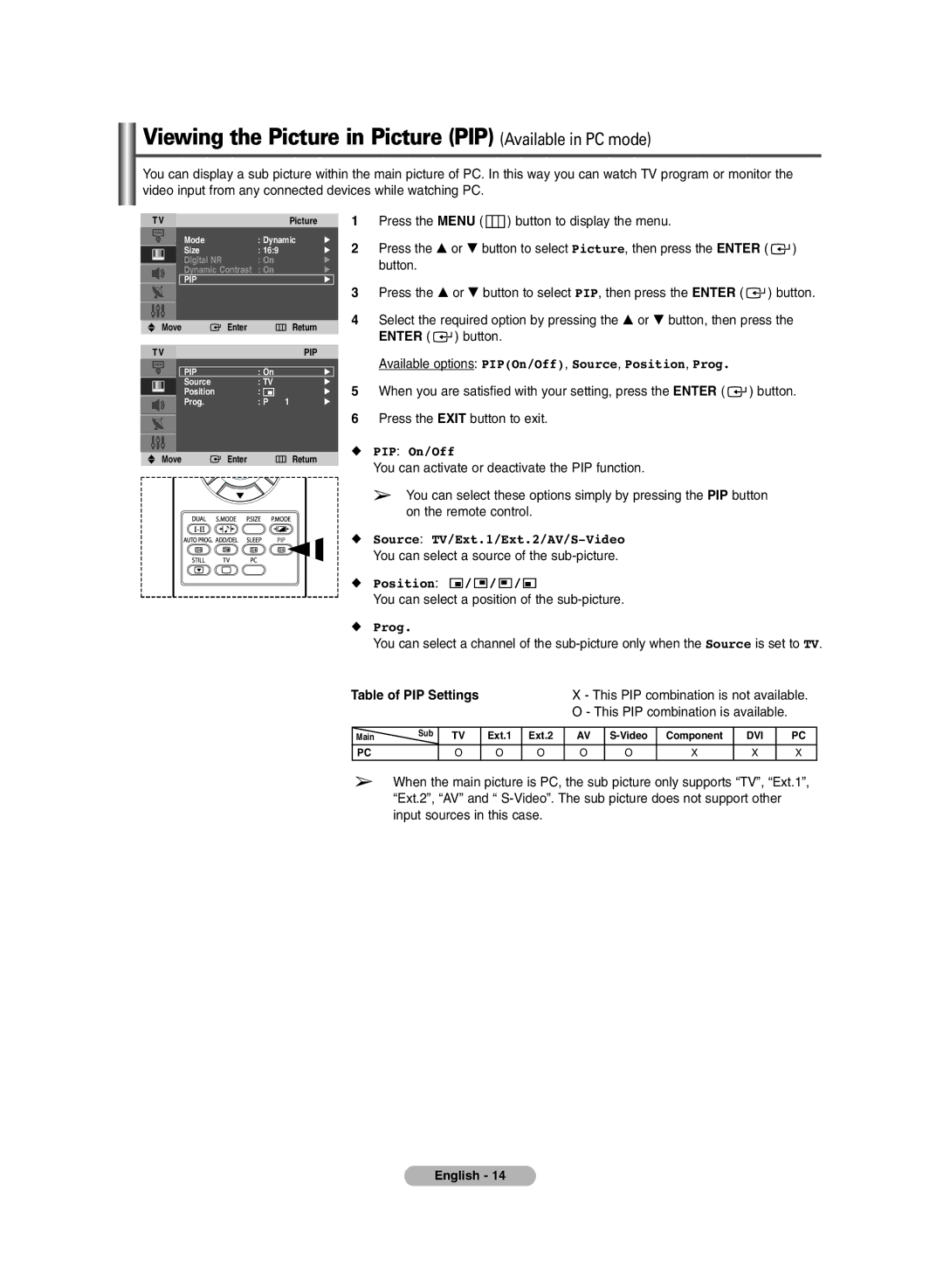 Samsung PS-42V6S manual Viewing the Picture in Picture PIP Available in PC mode 