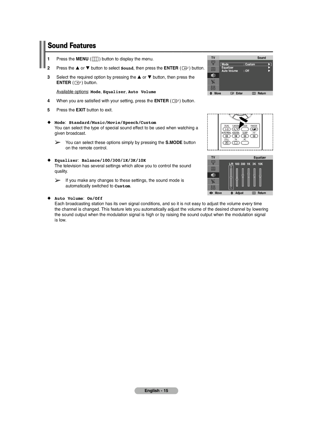 Samsung PS-42V6S Sound Features, Available options Mode, Equalizer, Auto Volume, Mode Standard/Music/Movie/Speech/Custom 