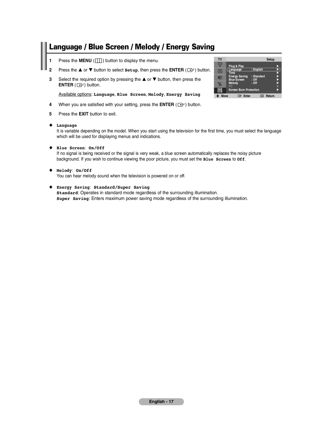 Samsung PS-42V6S manual Language / Blue Screen / Melody / Energy Saving, Blue Screen On/Off, Melody On/Off 