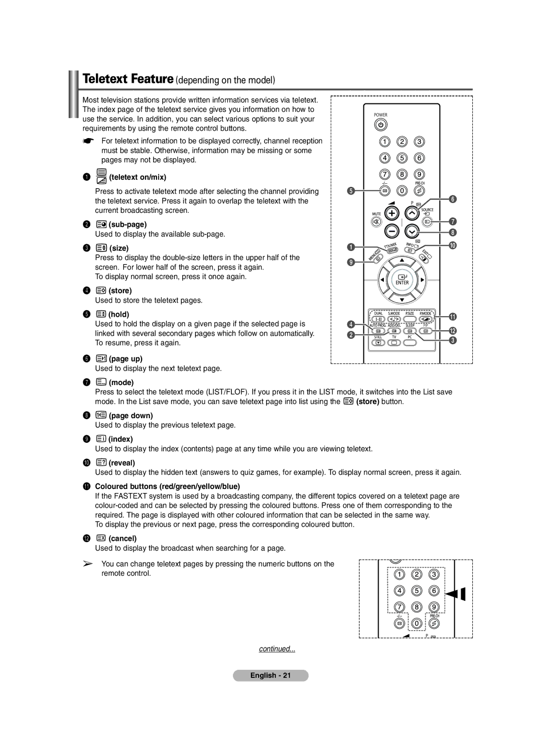 Samsung PS-42V6S manual Teletext on/mix, ´ sub-page, Size, ¨ store, Hold, ∏ mode, Down, ’ index, ˝ reveal,  cancel 