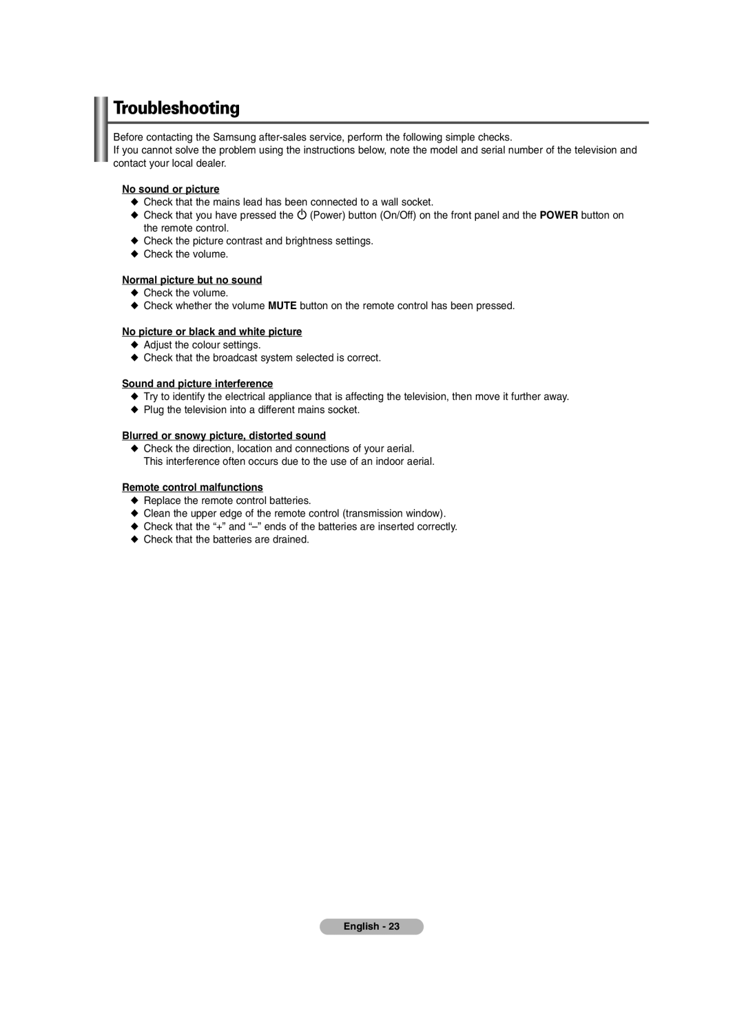 Samsung PS-42V6S manual Troubleshooting 