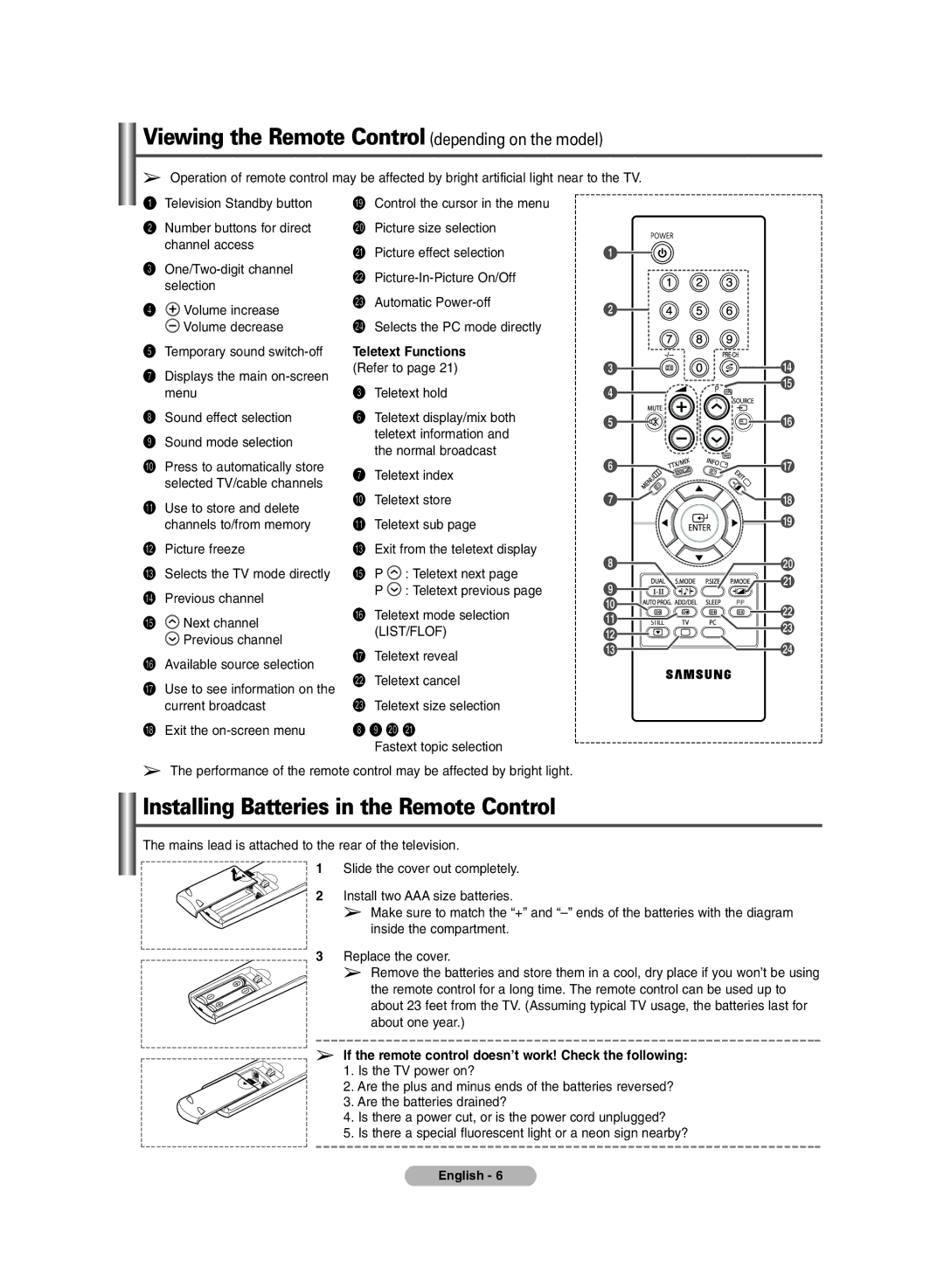 Samsung PS-42V6S manual Viewing the Remote Control depending on the model, Installing Batteries in the Remote Control 