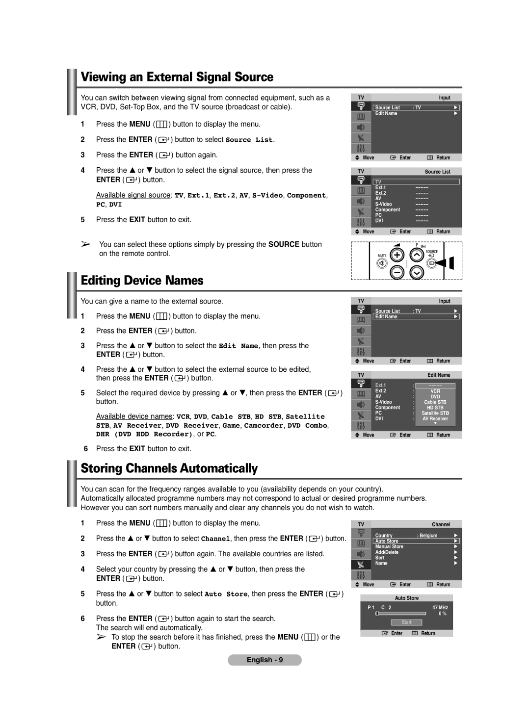 Samsung PS-42V6S manual Viewing an External Signal Source, Editing Device Names, Storing Channels Automatically 