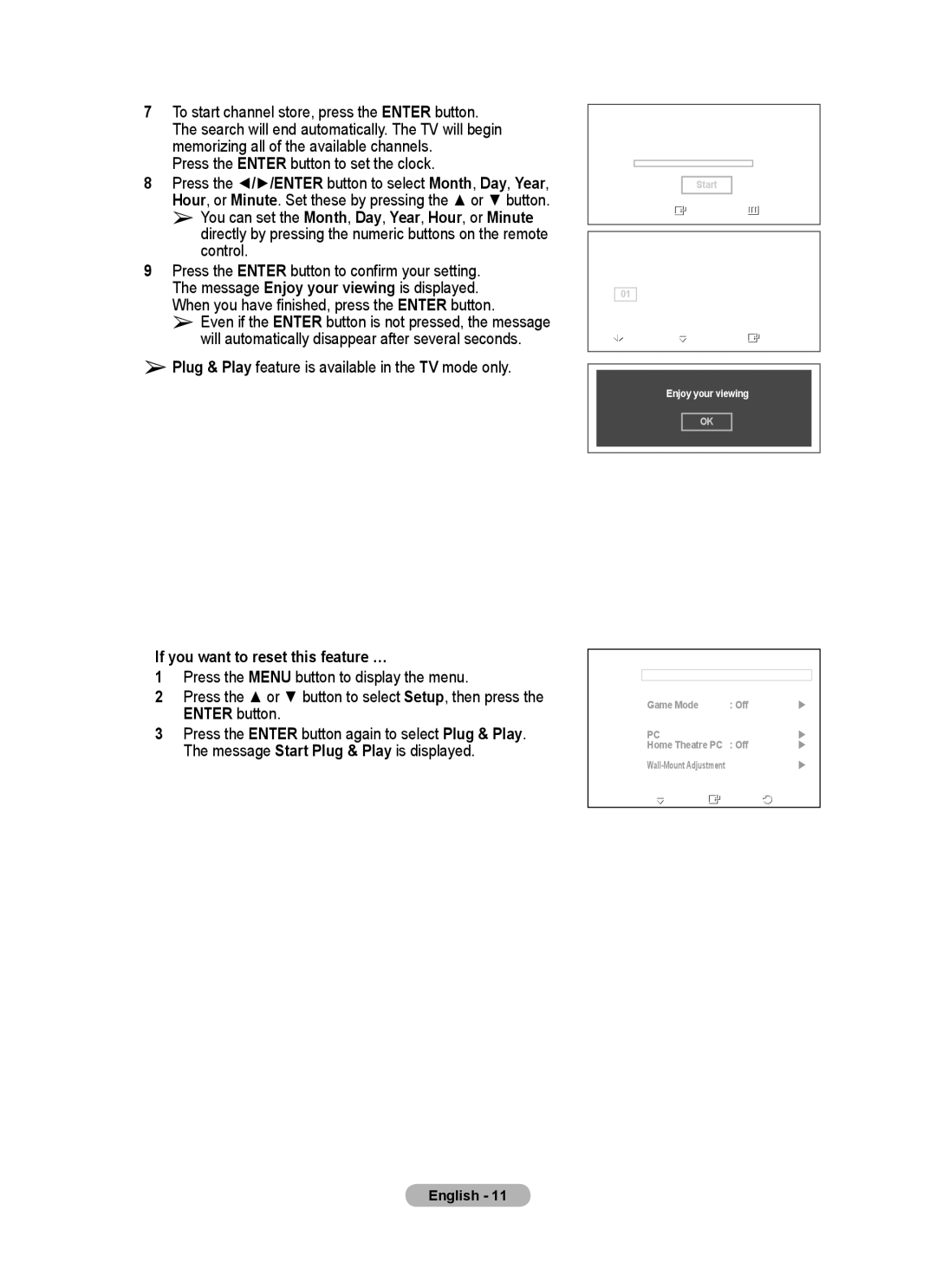 Samsung PS-42C62H, PS-50C62H Press the Enter button to set the clock, Plug & Play feature is available in the TV mode only 