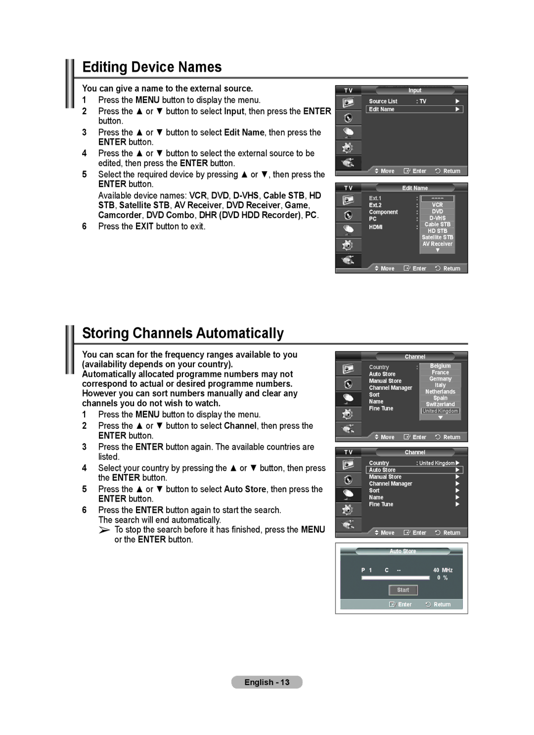 Samsung PS-42C62H manual Editing Device Names, Storing Channels Automatically, You can give a name to the external source 