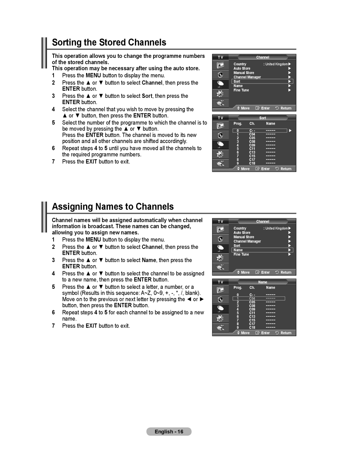 Samsung PS-50C62H, PS-42C62H manual Sorting the Stored Channels, Assigning Names to Channels 