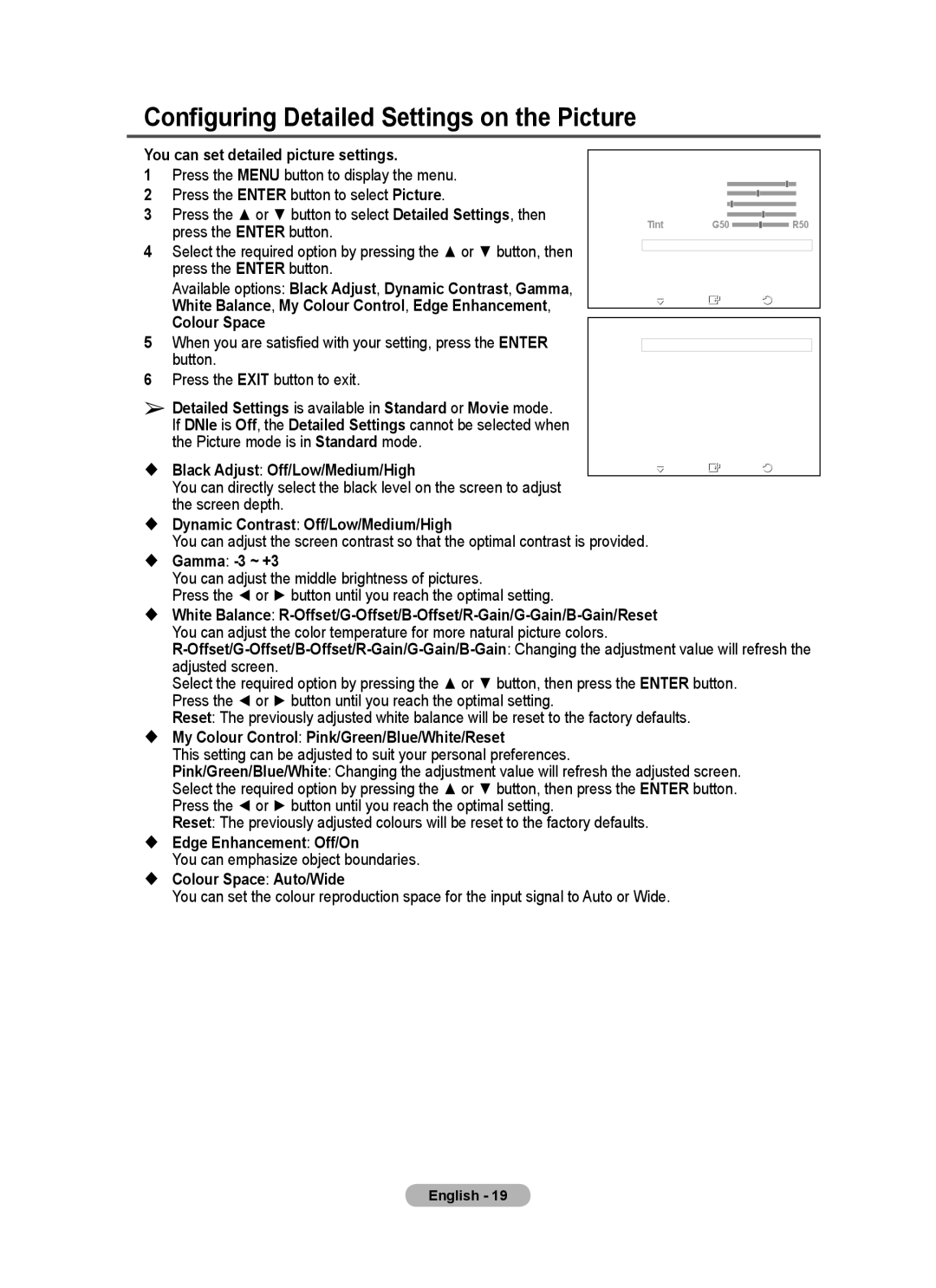 Samsung PS-42C62H manual Configuring Detailed Settings on the Picture, You can set detailed picture settings, Colour Space 