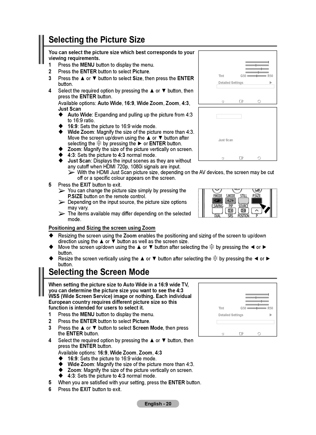 Samsung PS-50C62H, PS-42C62H manual Selecting the Picture Size, Selecting the Screen Mode 