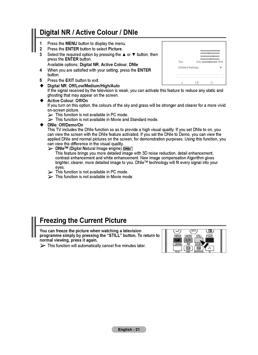 Samsung PS-42C62H, PS-50C62H manual Digital NR / Active Colour / DNIe, Freezing the Current Picture 