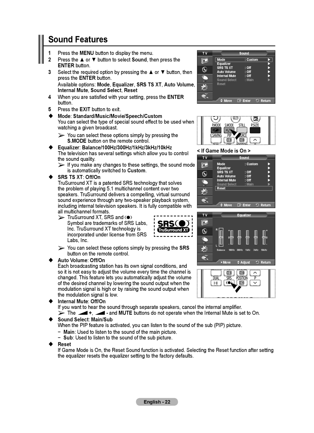 Samsung PS-50C62H, PS-42C62H manual Sound Features, Internal Mute, Sound Select, Reset 