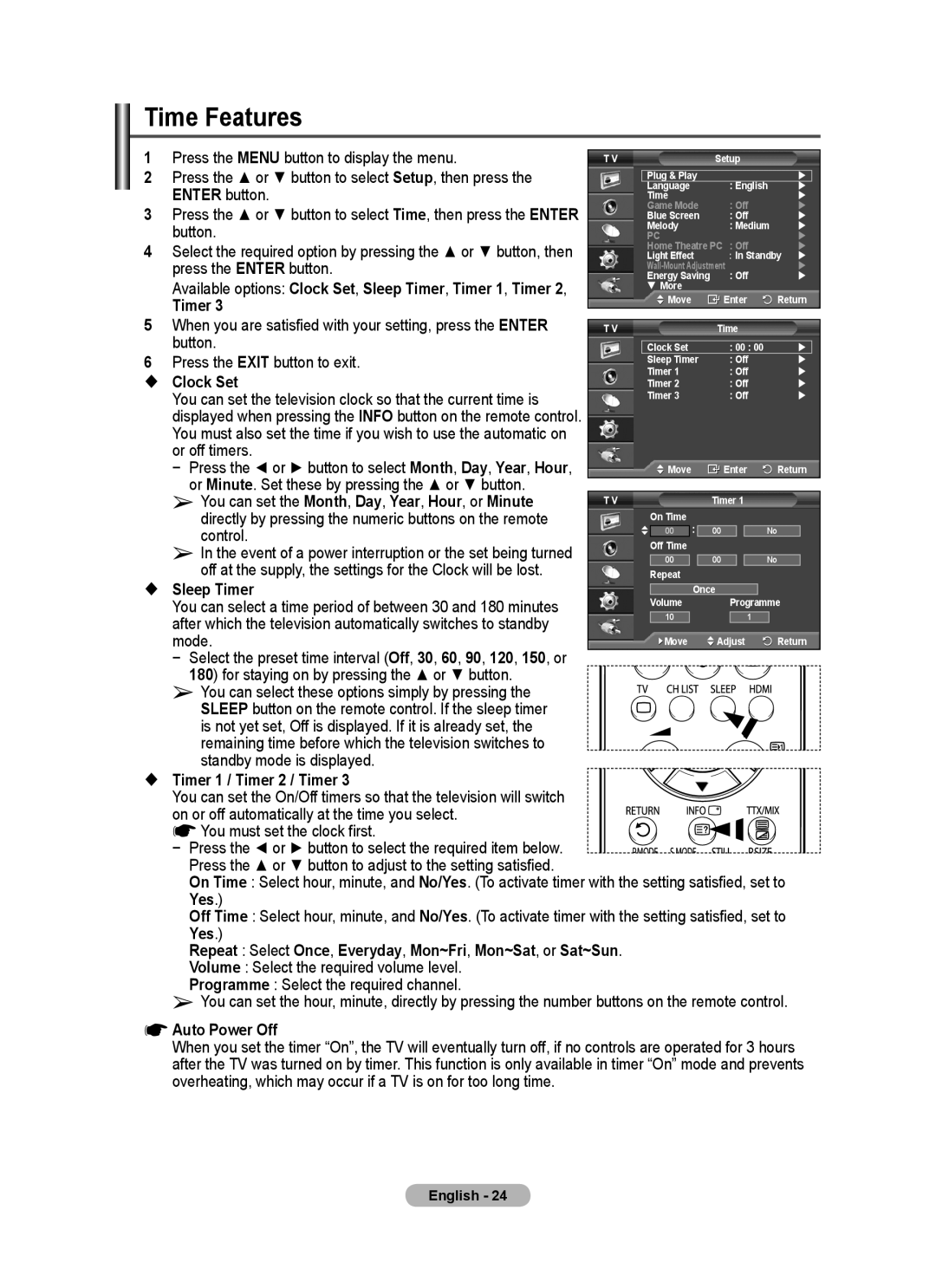 Samsung PS-50C62H, PS-42C62H manual Time Features 