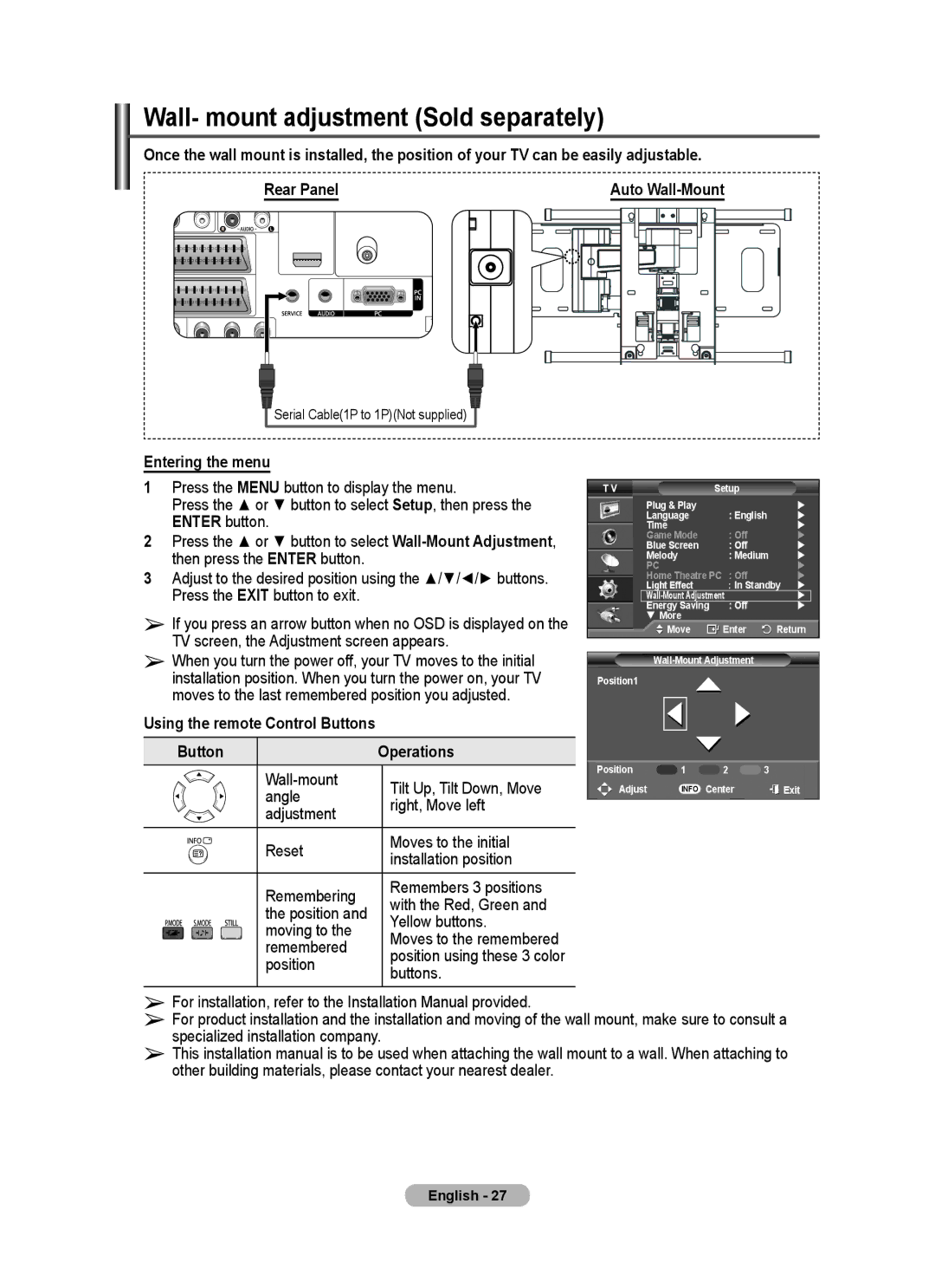 Samsung PS-42C62H Wall- mount adjustment Sold separately, Entering the menu, Using the remote Control Buttons Operations 