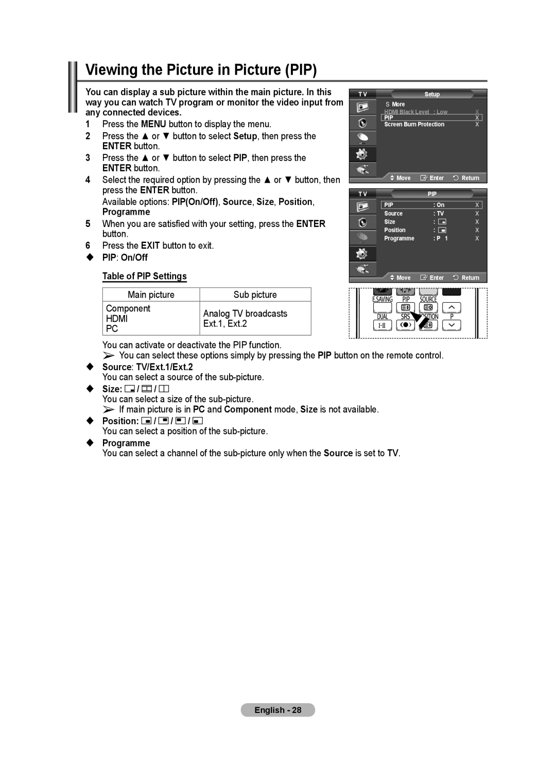 Samsung PS-50C62H, PS-42C62H manual Viewing the Picture in Picture PIP 