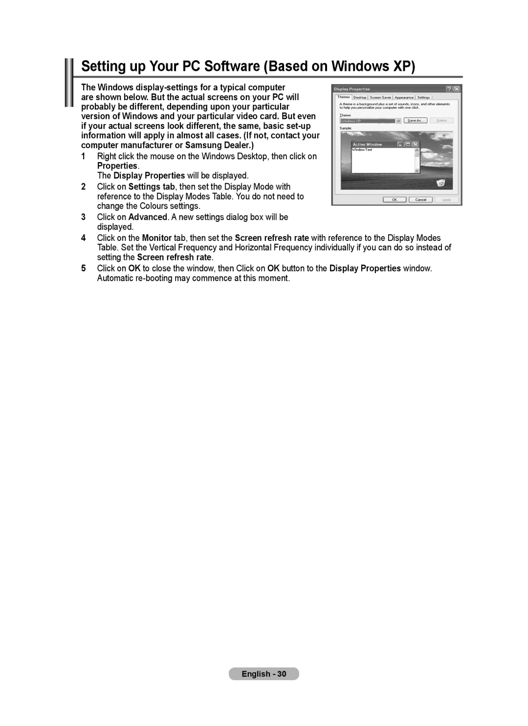 Samsung PS-50C62H, PS-42C62H manual Setting up Your PC Software Based on Windows XP 