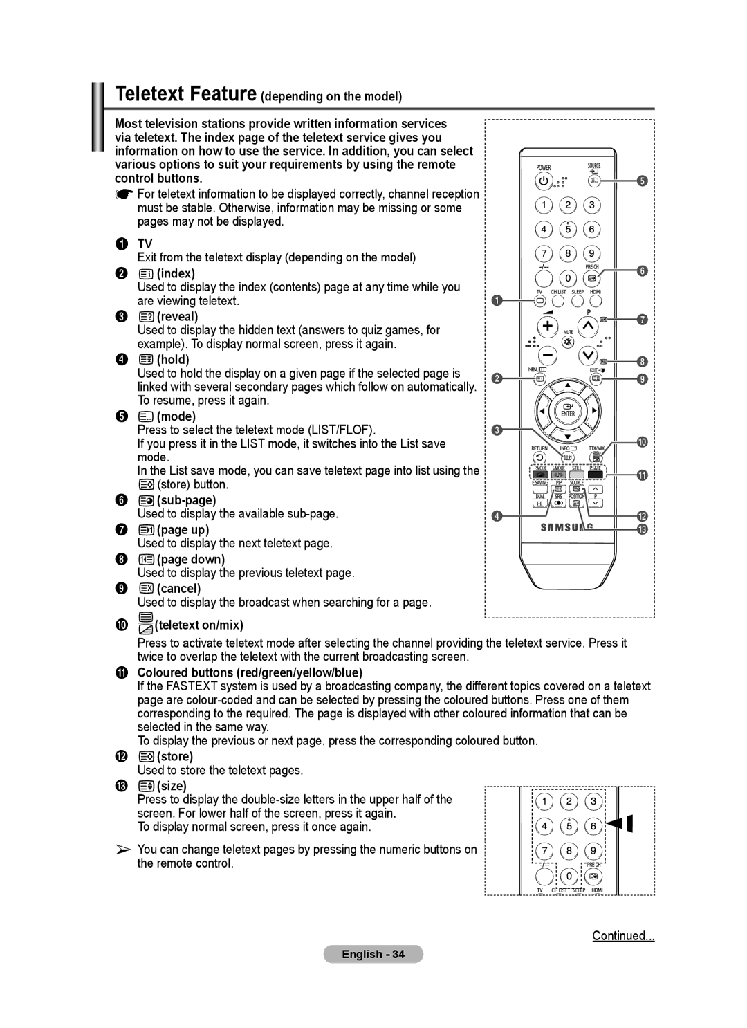 Samsung PS-50C62H Teletext Feature depending on the model, Index, Reveal, Hold, Mode, Sub-page, Down, Cancel, @ store 