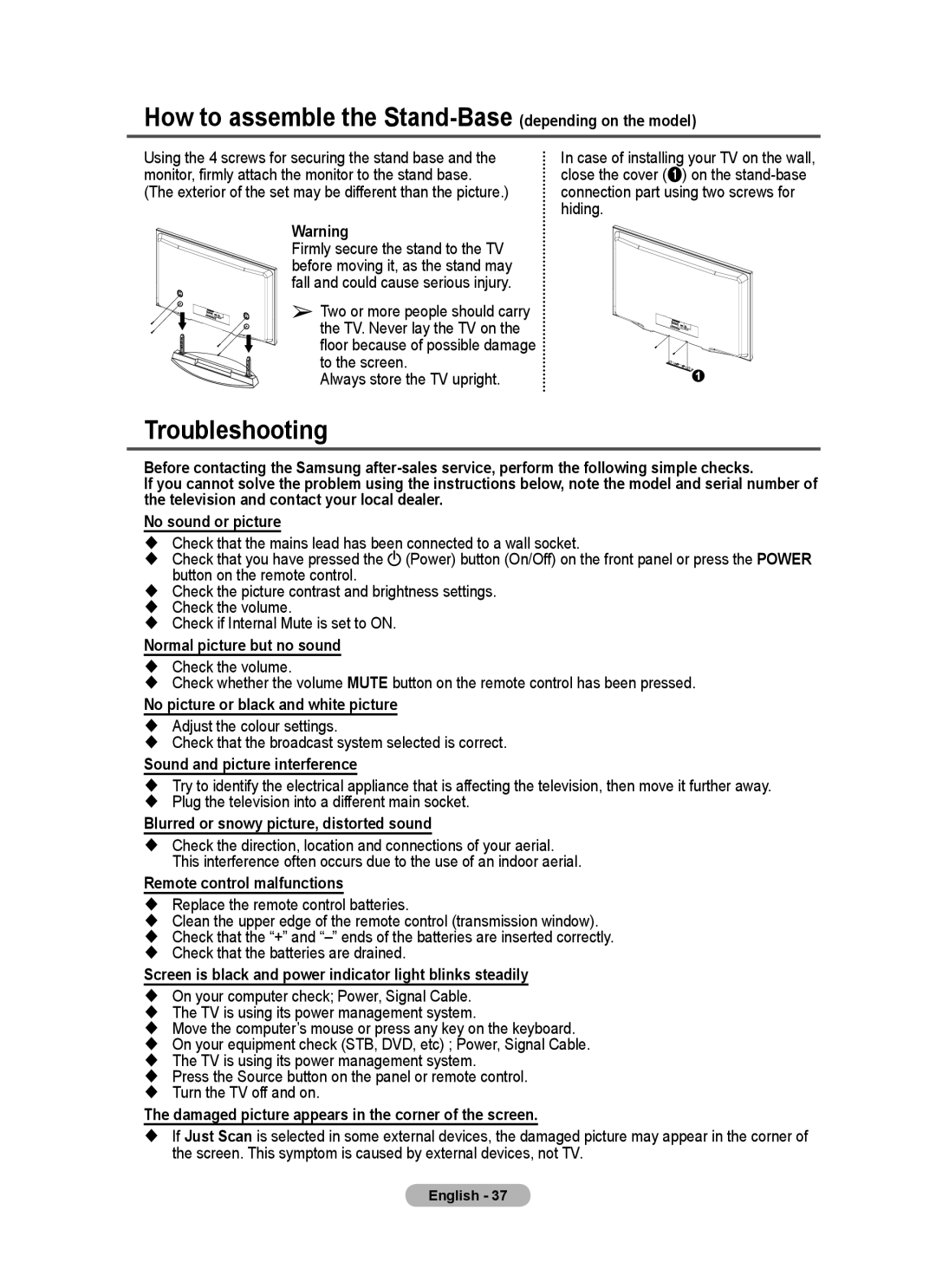 Samsung PS-42C62H, PS-50C62H manual How to assemble the Stand-Base depending on the model, Troubleshooting 