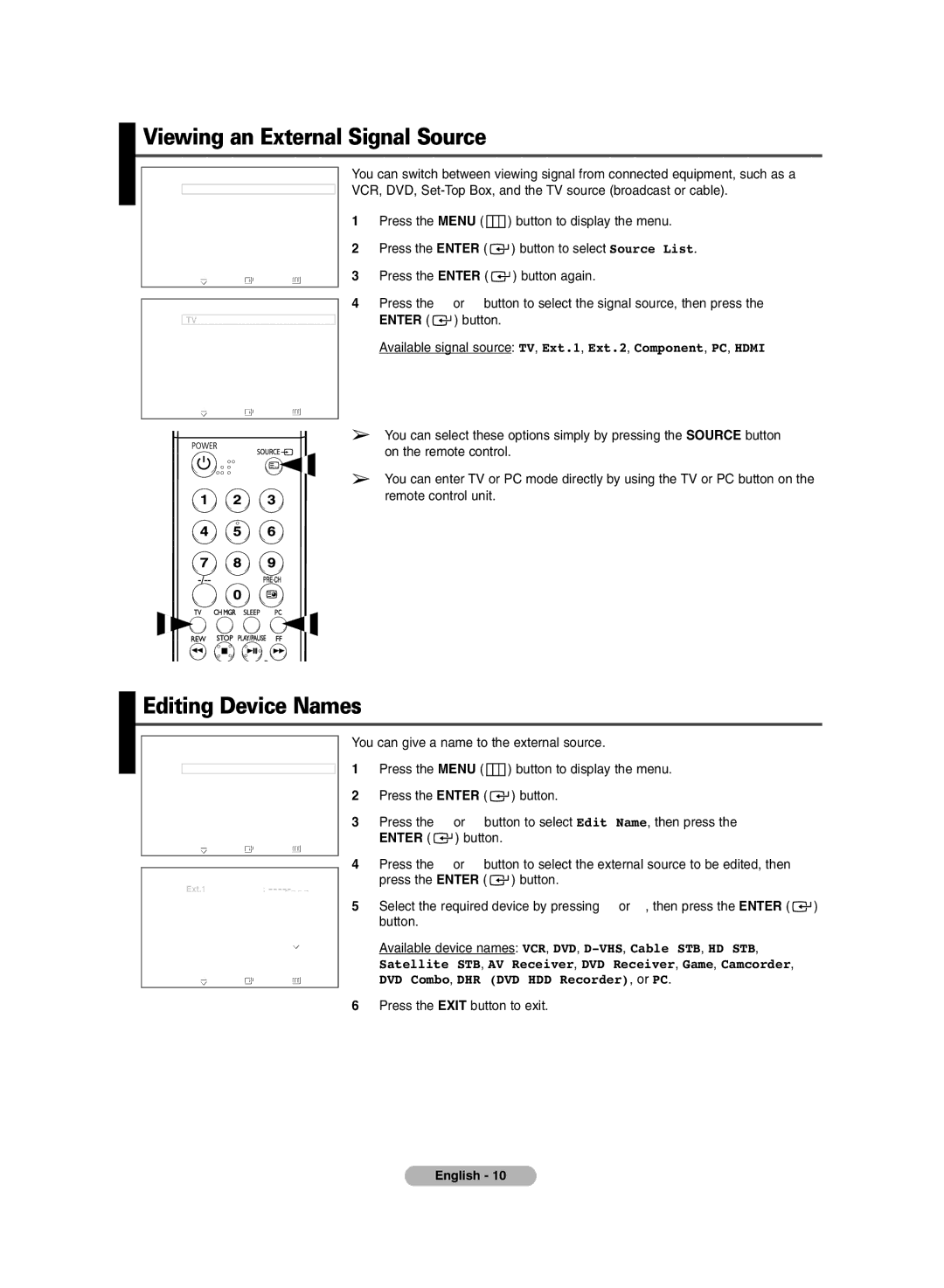 Samsung PS-50C6HR, PS-42C6HR manual Viewing an External Signal Source, Editing Device Names 