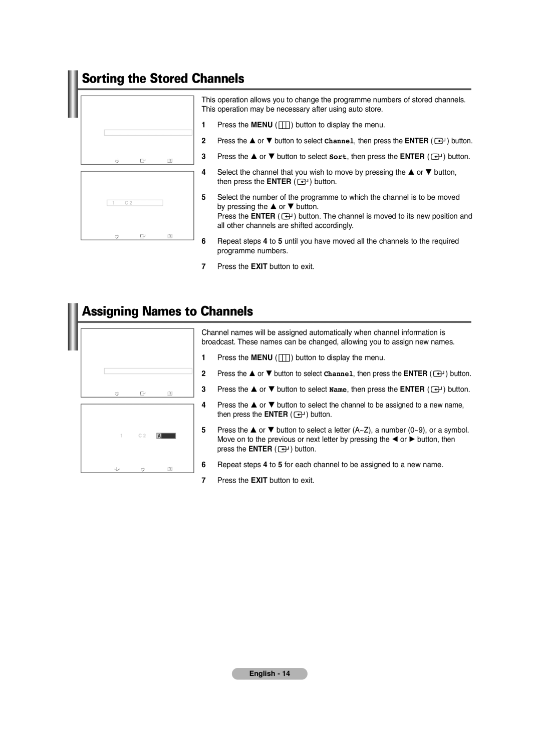 Samsung PS-50C6HR, PS-42C6HR manual Sorting the Stored Channels, Assigning Names to Channels 