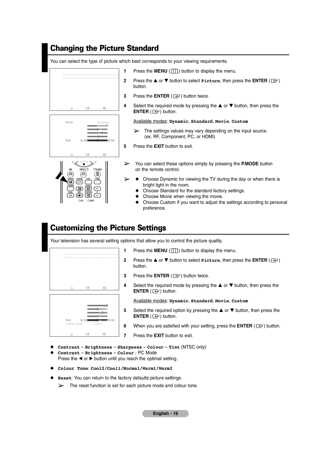 Samsung PS-50C6HR, PS-42C6HR manual Changing the Picture Standard, Customizing the Picture Settings 