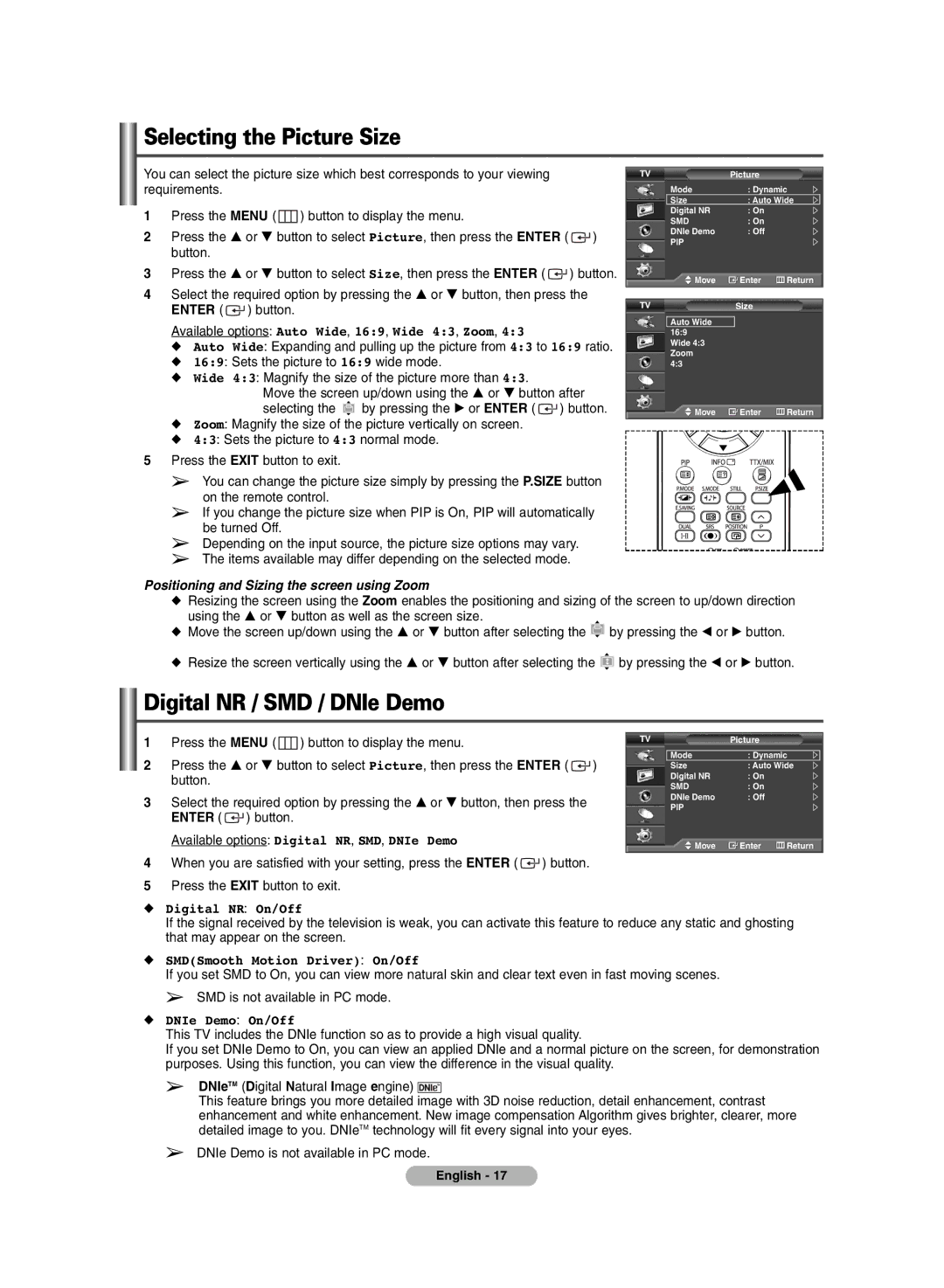 Samsung PS-42C6HR, PS-50C6HR manual Selecting the Picture Size, Digital NR / SMD / DNIe Demo 