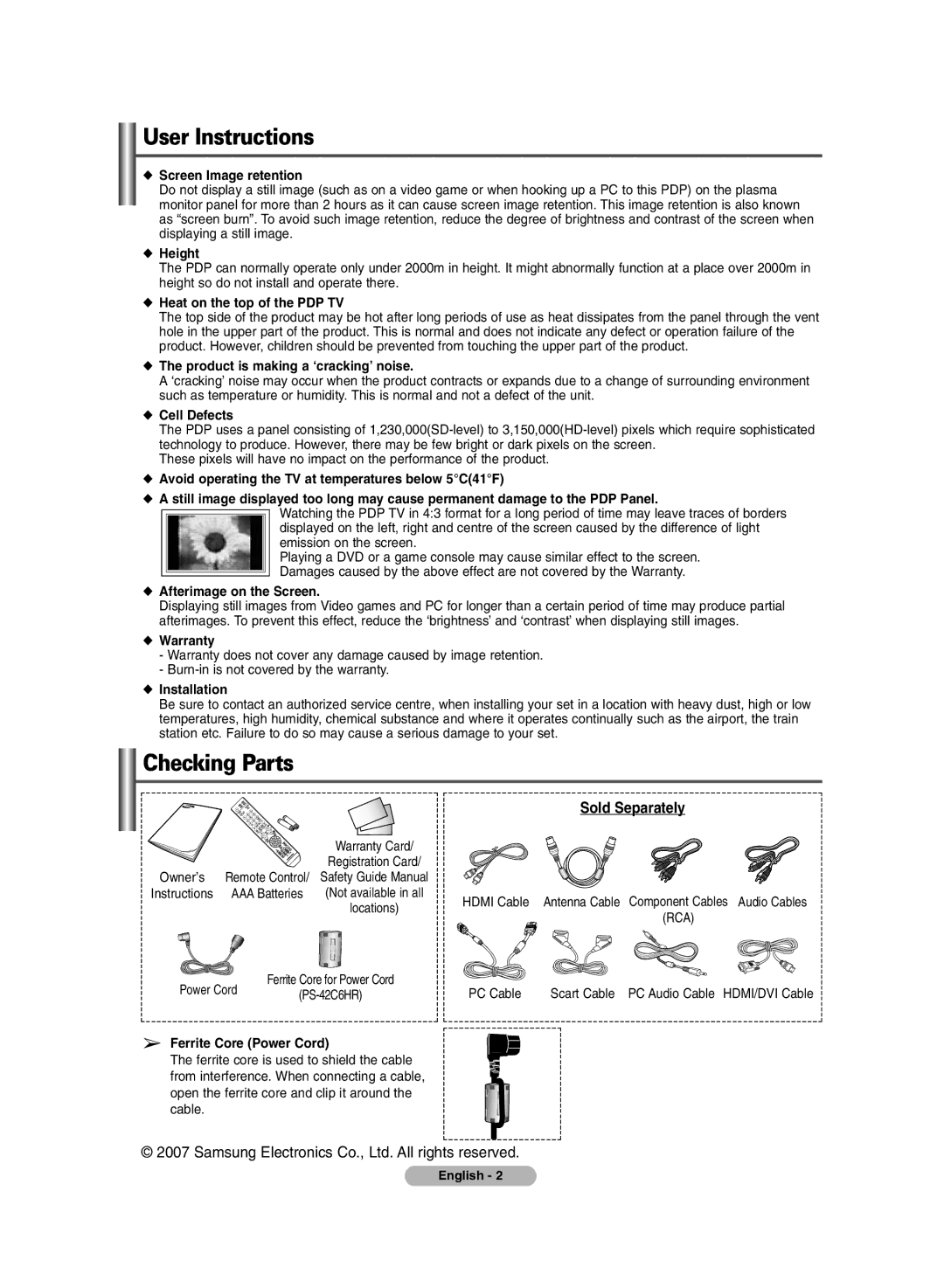 Samsung PS-50C6HR, PS-42C6HR manual User Instructions, Checking Parts 