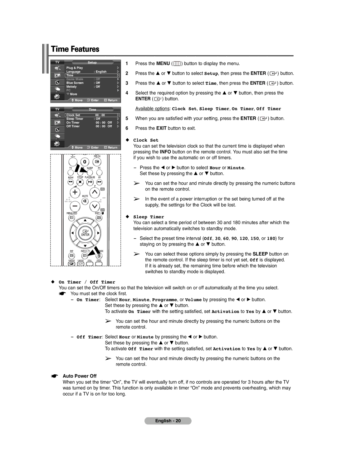 Samsung PS-50C6HR, PS-42C6HR manual Time Features, Clock Set, Sleep Timer, On Timer / Off Timer, Auto Power Off 