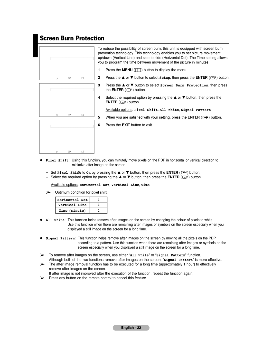 Samsung PS-50C6HR, PS-42C6HR manual Screen Burn Protection, Available options Pixel Shift, All White, Signal Pattern 