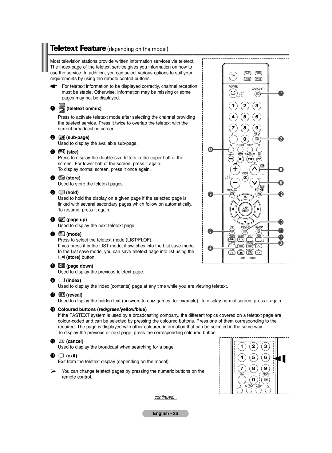 Samsung PS-50C6HR Teletext on/mix, ´ sub-page, Size, ¨ store, Hold, ∏ mode, Store button Down, ’ index, ˝ reveal,  cancel 