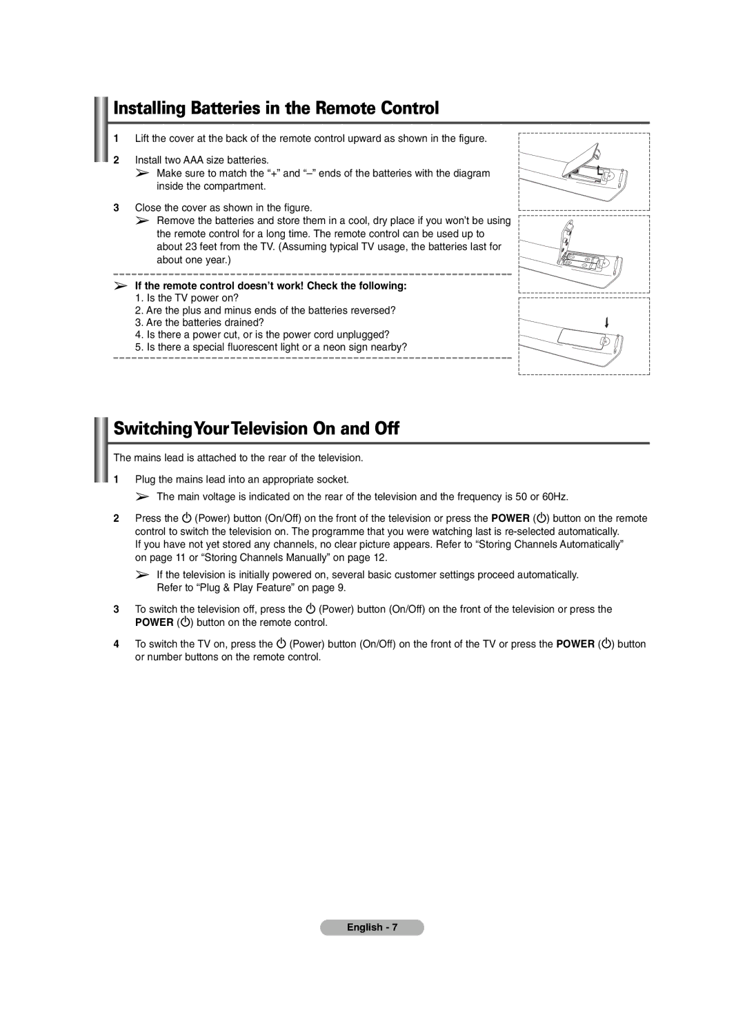 Samsung PS-42C6HR, PS-50C6HR manual Installing Batteries in the Remote Control, SwitchingYourTelevision On and Off 