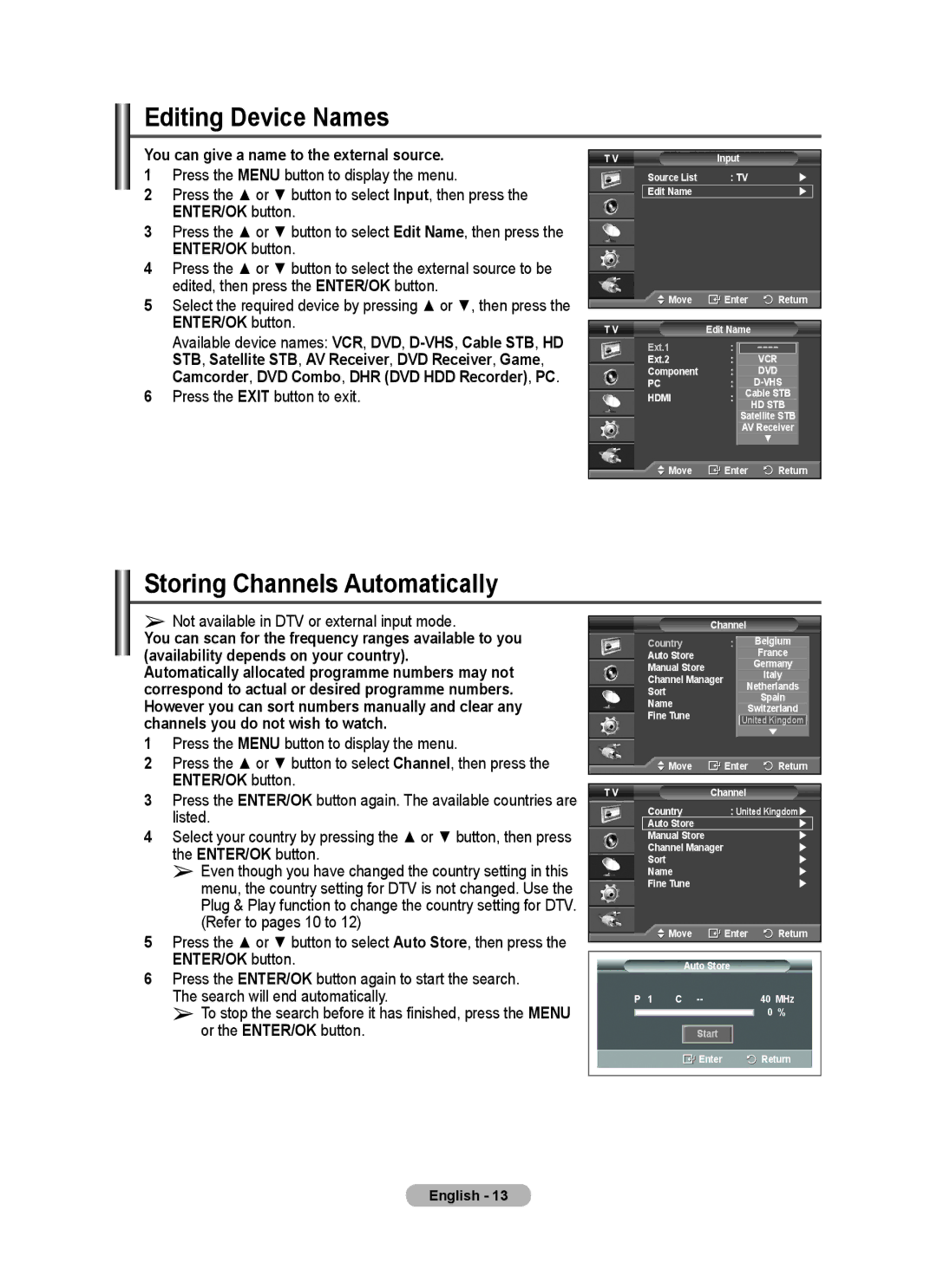 Samsung PS-50E97HD manual Editing Device Names, Storing Channels Automatically, You can give a name to the external source 