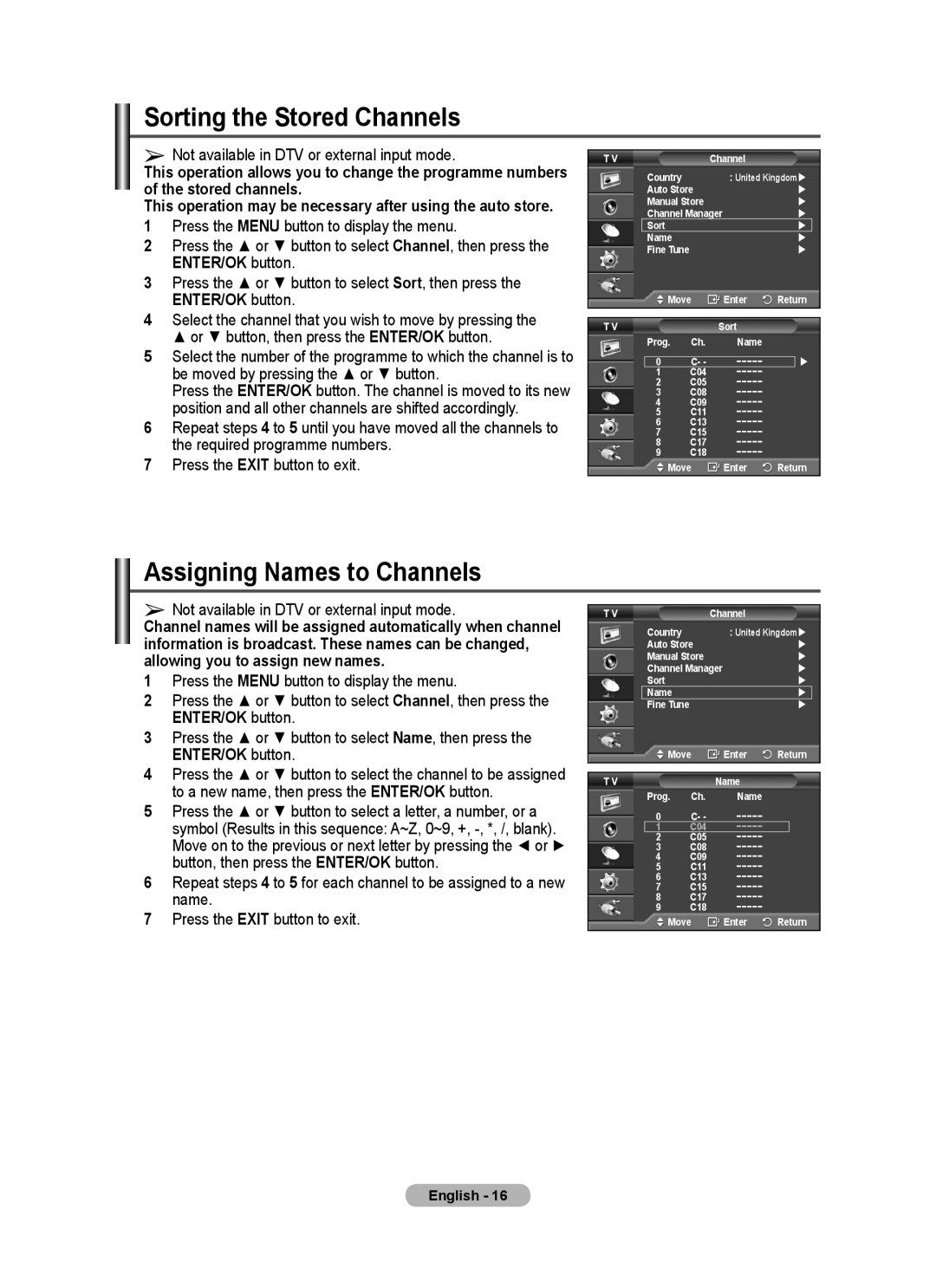 Samsung PS-42C77HD, PS-50C77HD, PS-50E97HD, PS-50C67HD, PS-42E97HD Sorting the Stored Channels, Assigning Names to Channels 