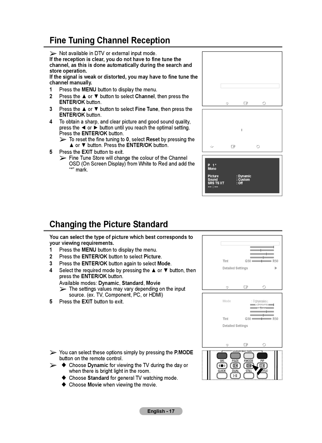 Samsung PS-42C67HD, PS-50C77HD, PS-50E97HD, PS-50C67HD manual Fine Tuning Channel Reception, Changing the Picture Standard 