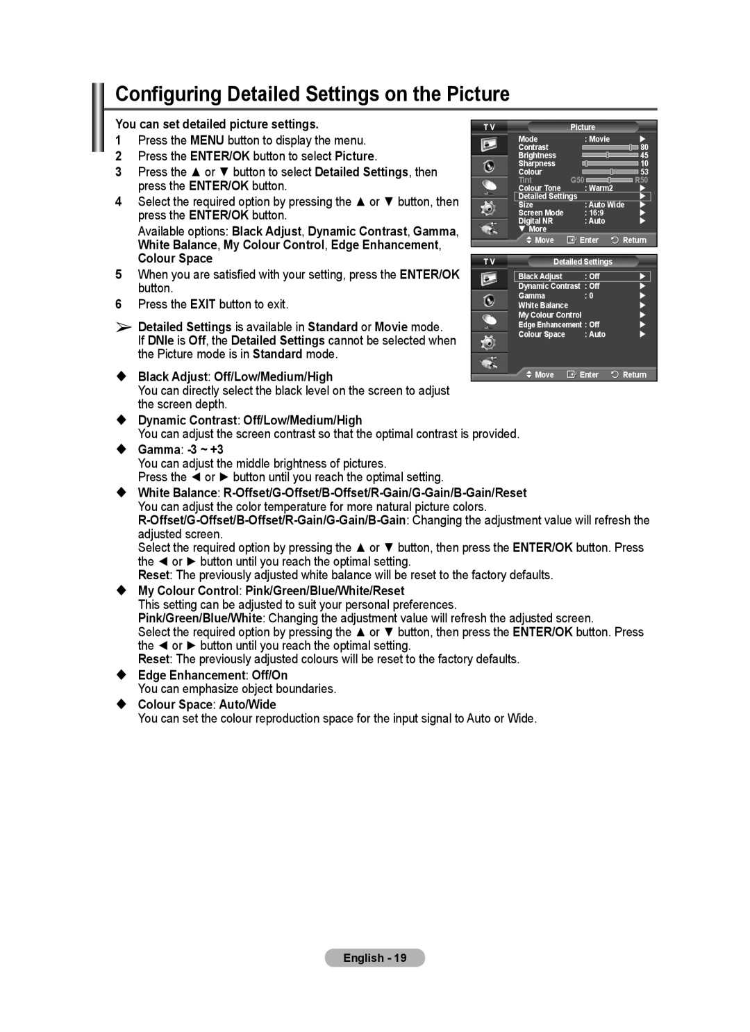 Samsung PS-50E97HD manual Configuring Detailed Settings on the Picture, You can set detailed picture settings, Colour Space 