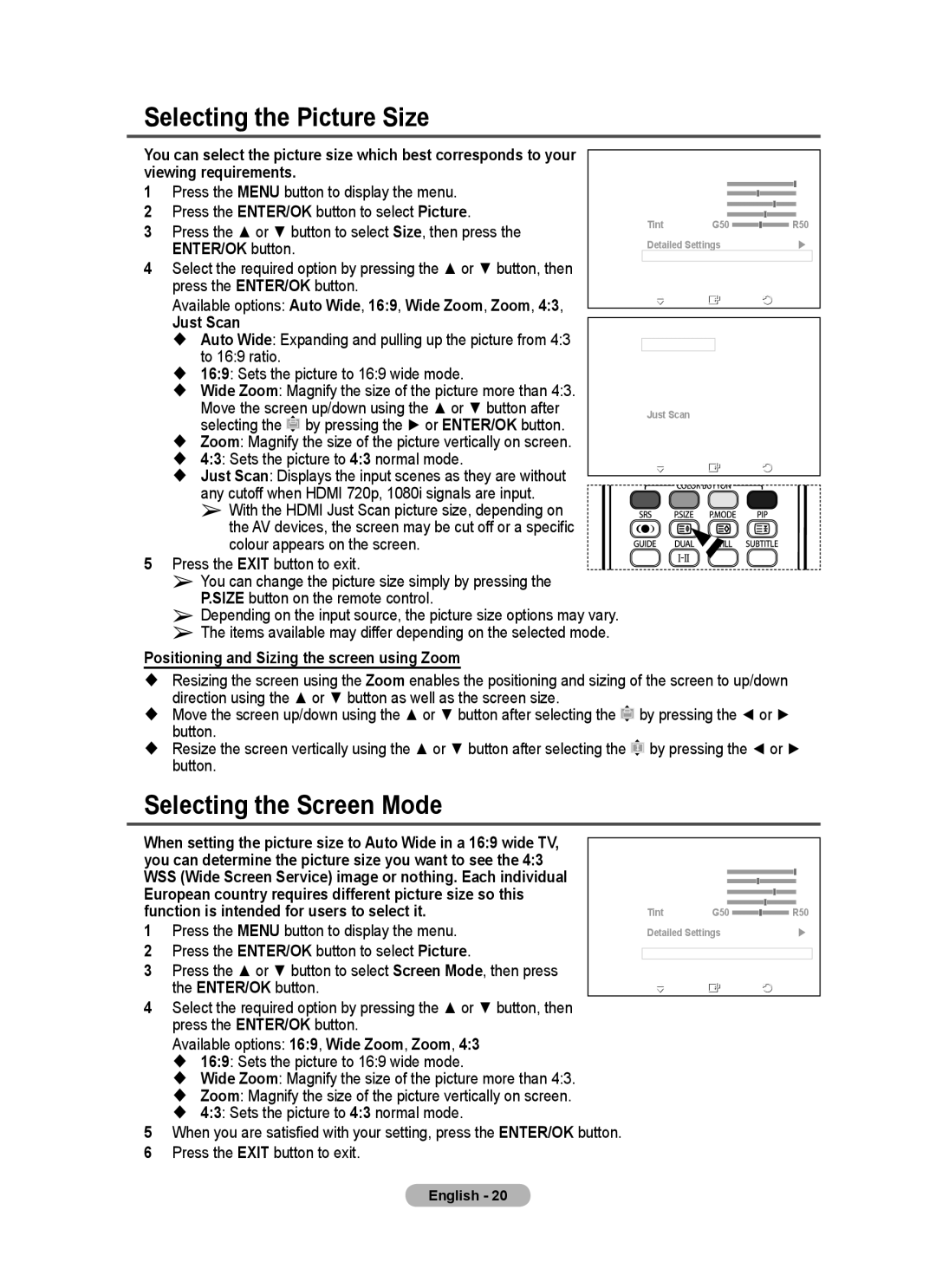 Samsung PS-50C67HD, PS-50C77HD, PS-50E97HD, PS-42E97HD, PS-42C77HD manual Selecting the Picture Size, Selecting the Screen Mode 